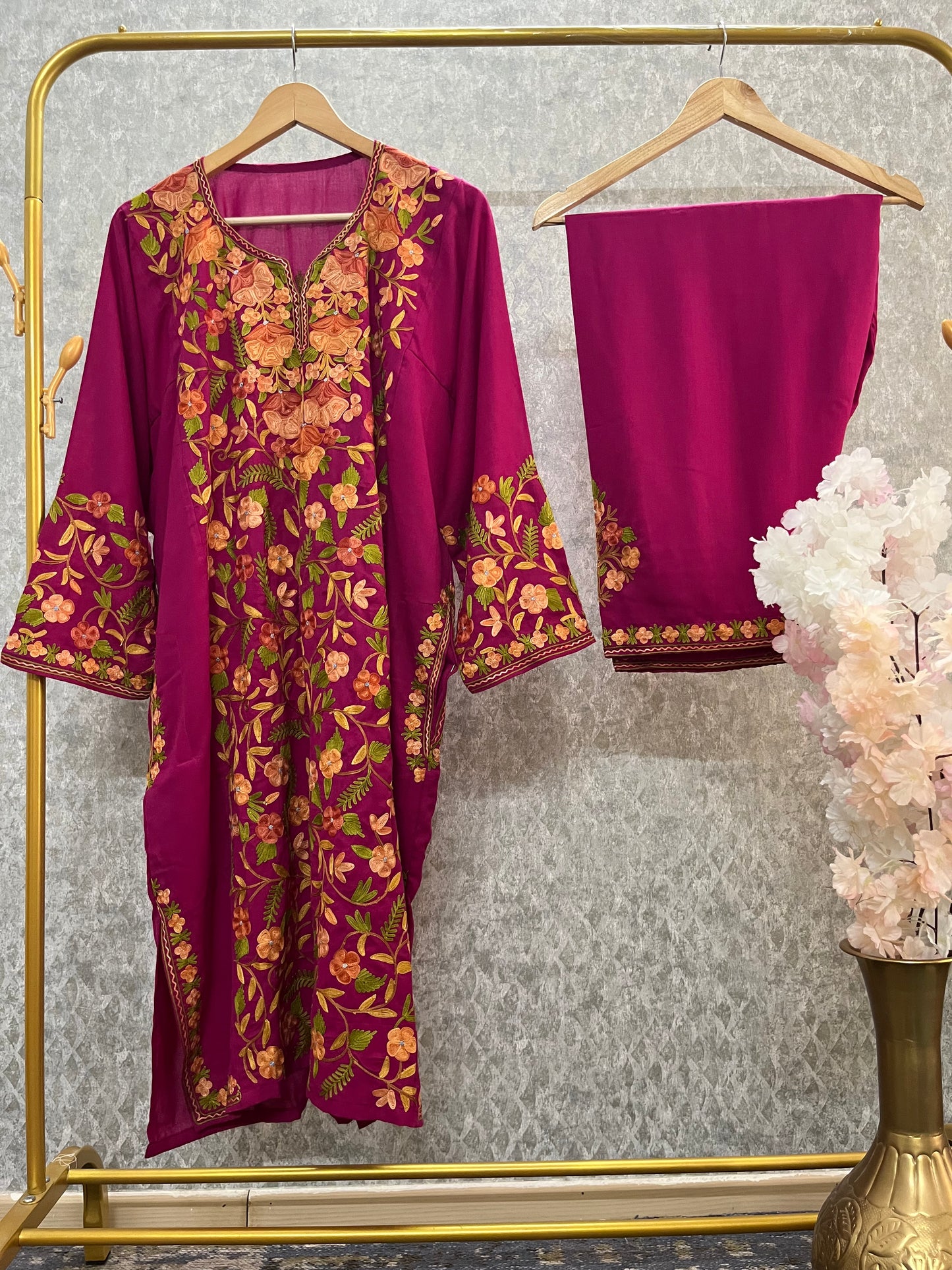 Hot Pink Cotton Front Jaal Pheran Set  Size (48)