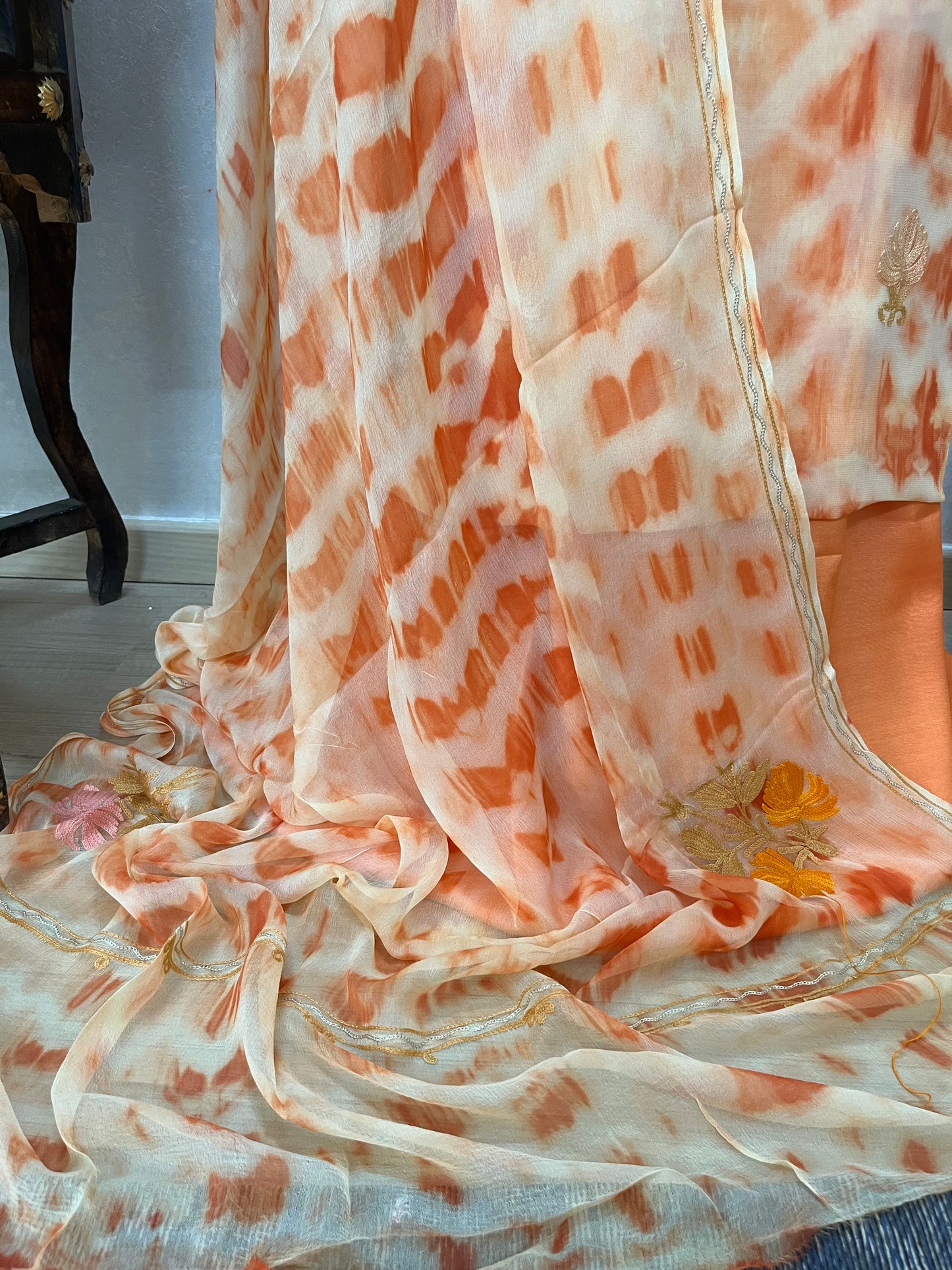 Orange Pure Georgette Kashmiri Suit