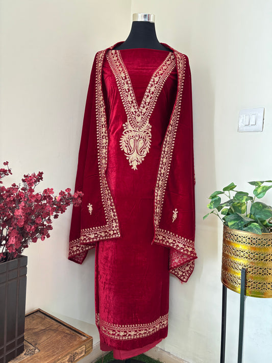 Maroon Tilla Embroidered Velvet 2pc Suit Material