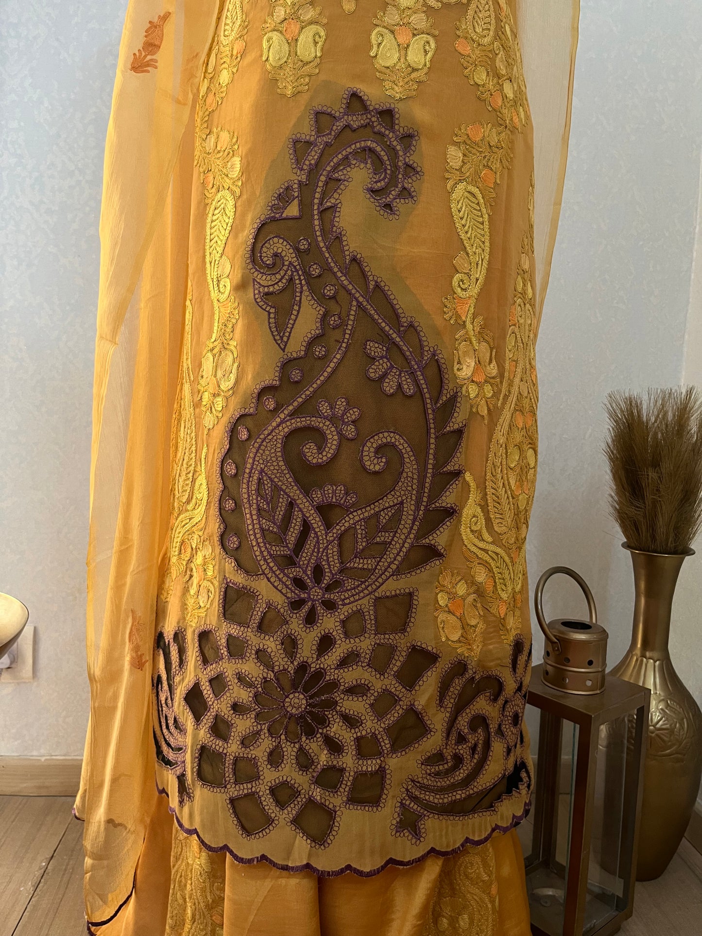 Mustard Yellow Pure Organza Cut Work Kashmiri Suit