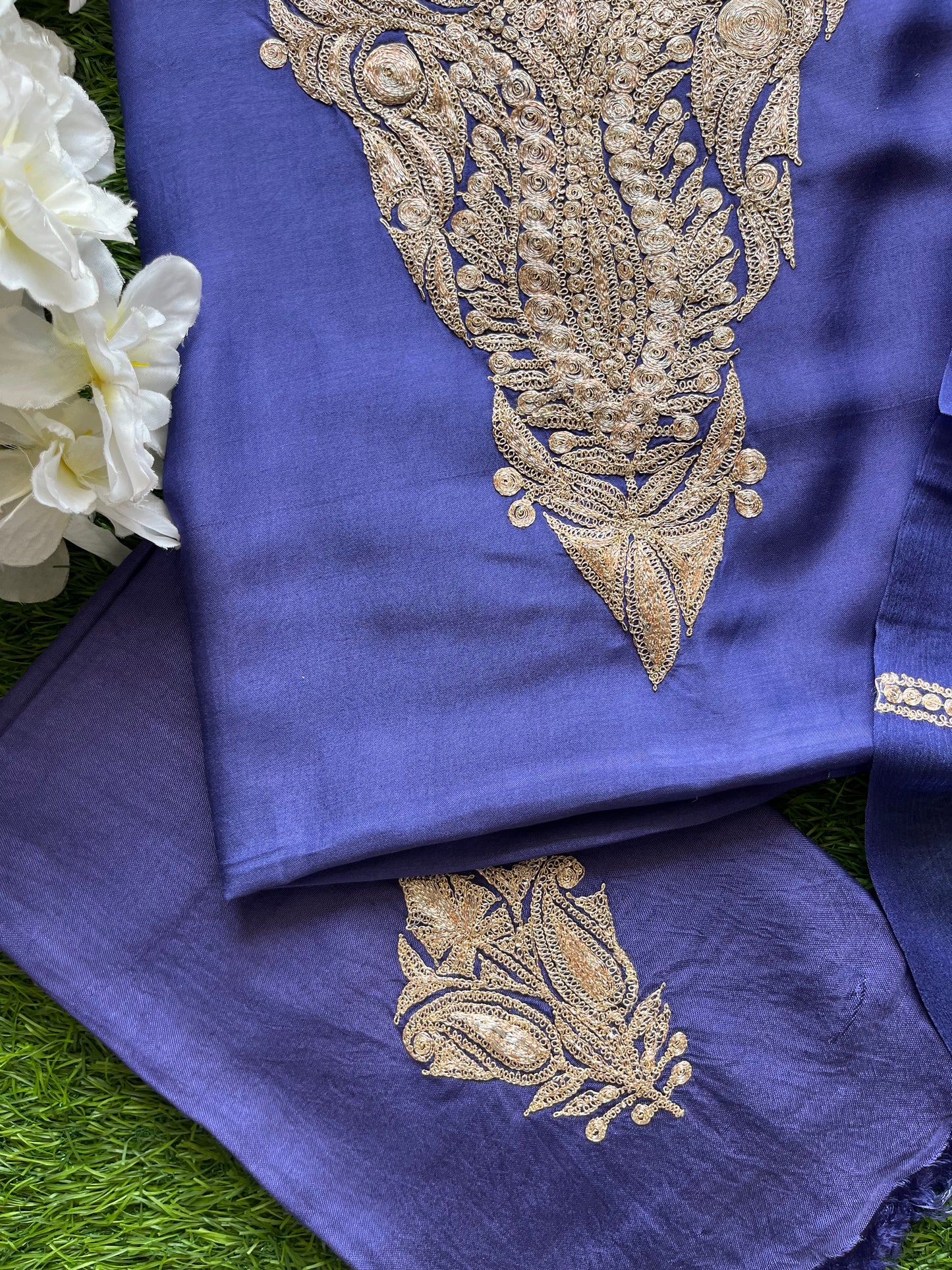 ‘Kalaa’ Blue Muslin Silk Tilla Embroidered Suit material