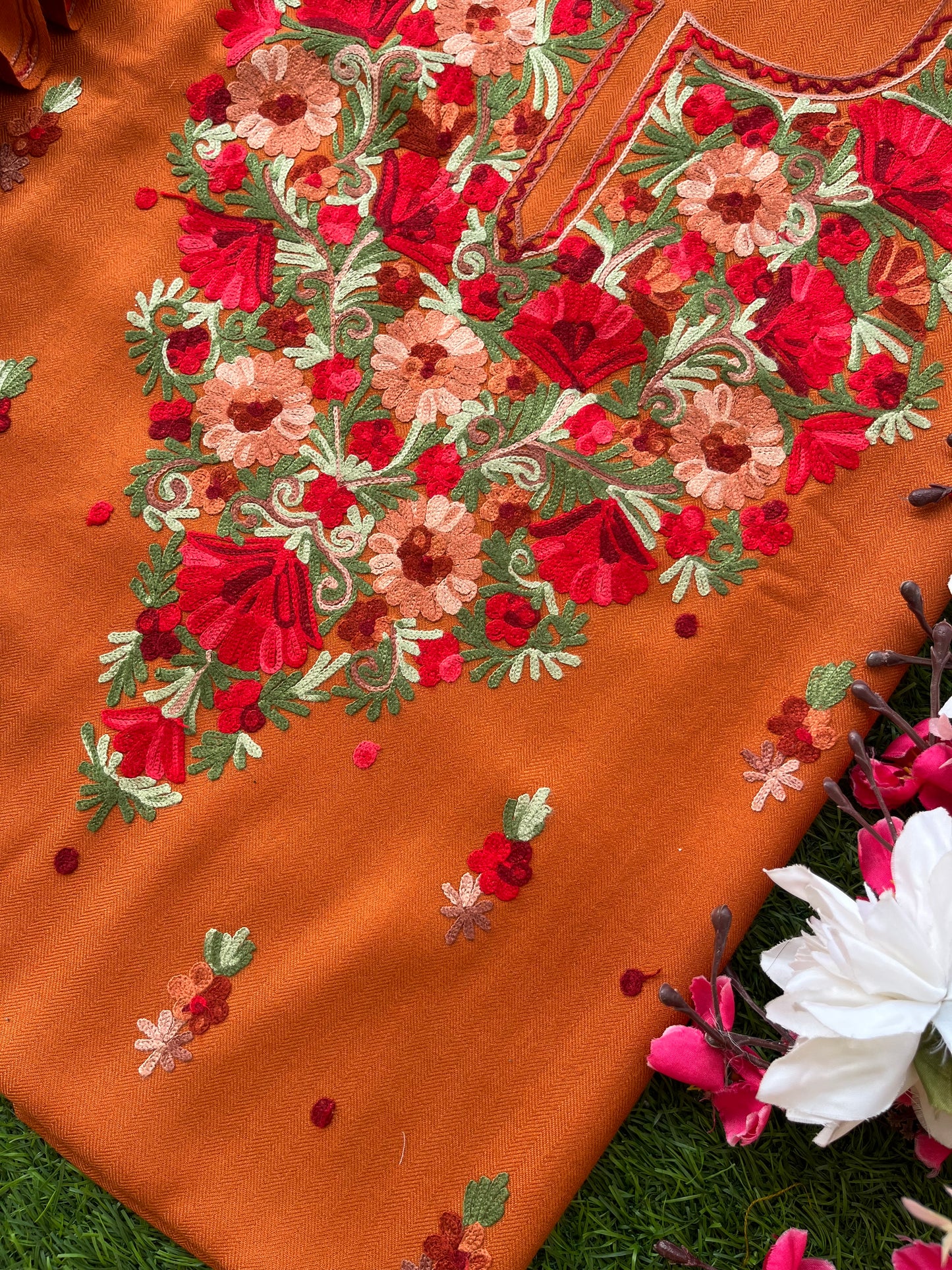 Orange Woollen Aari Embroidered 3pc suit