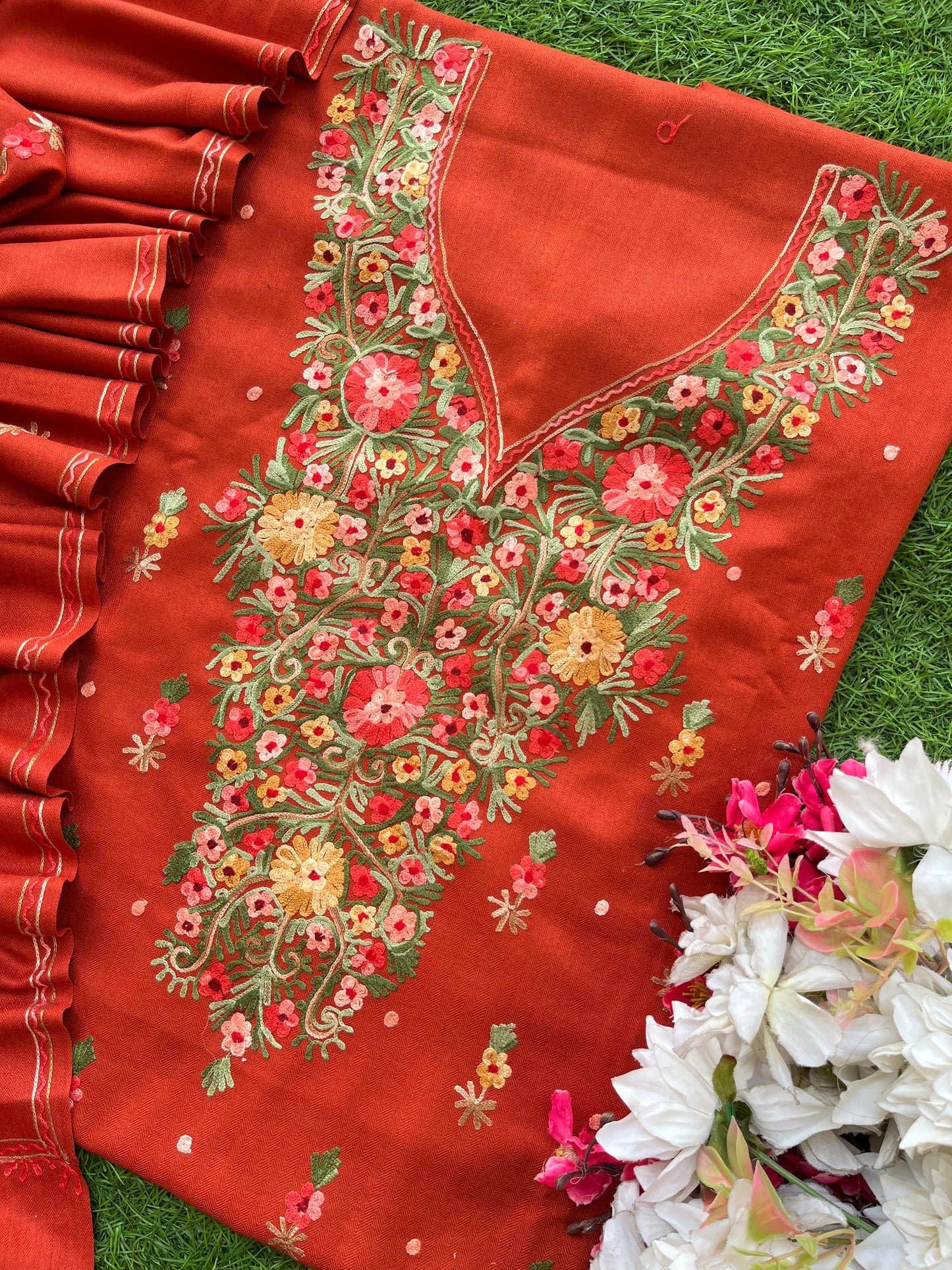 Rust Orange Woollen Aari Embroidered 3pc suit