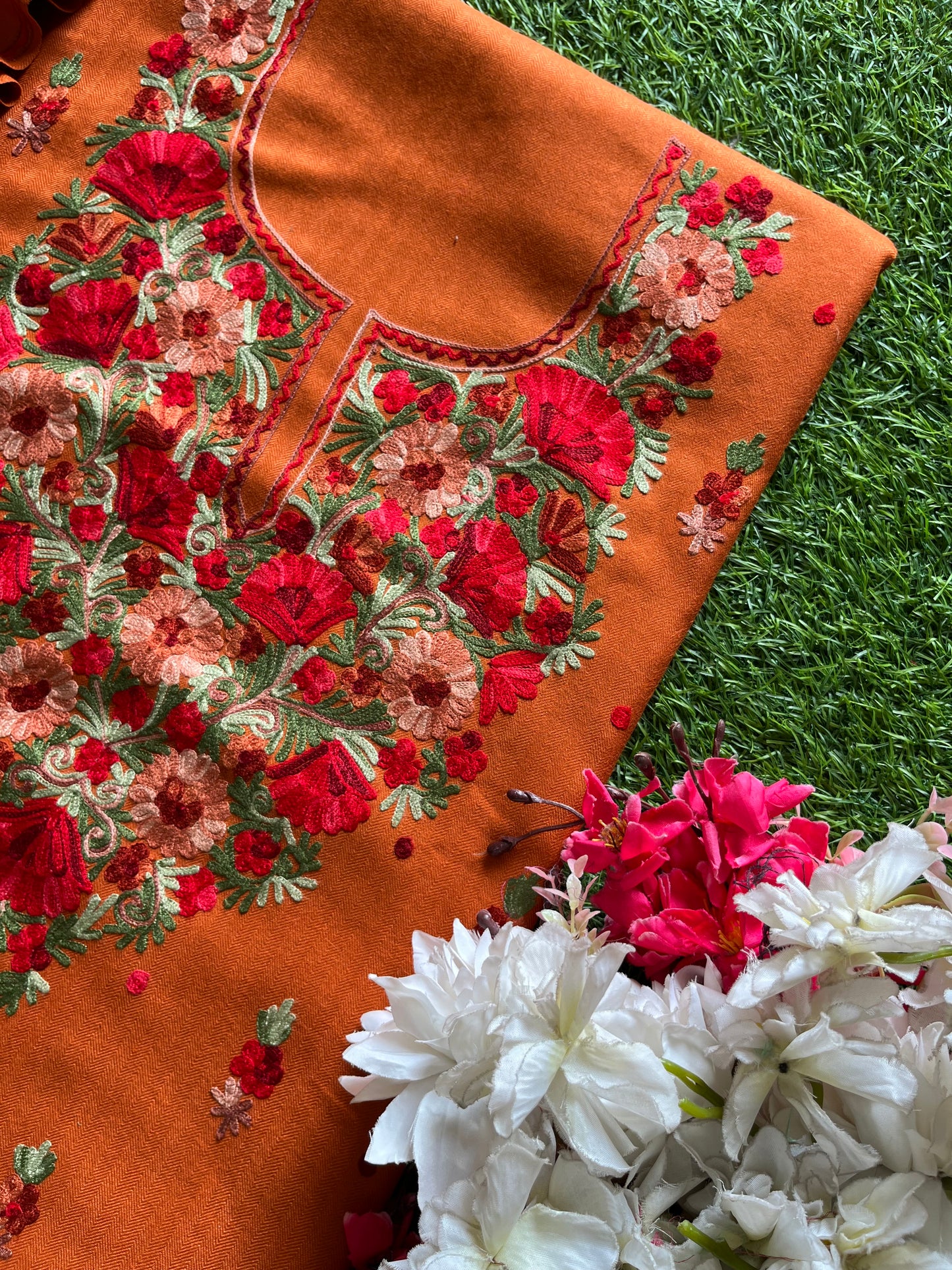 Dull Orange Woollen Aari Embroidered 3pc suit