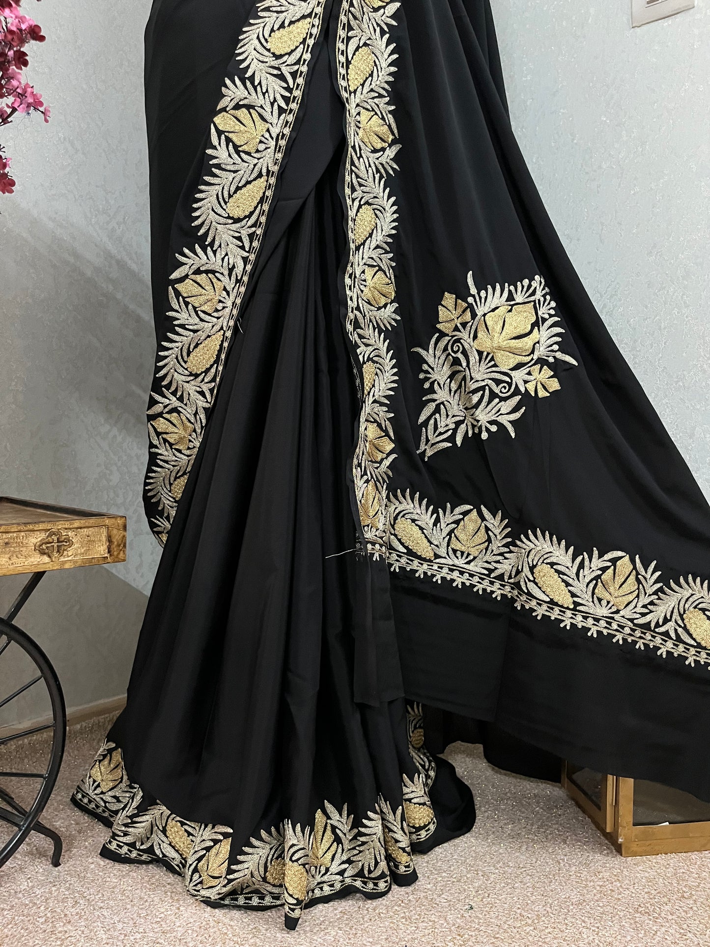 Black Crape Kashmiri Saree