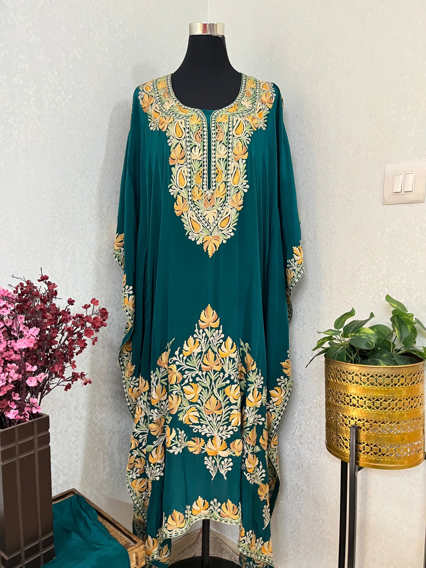 Green Pure Crape Kashmiri Kaftan