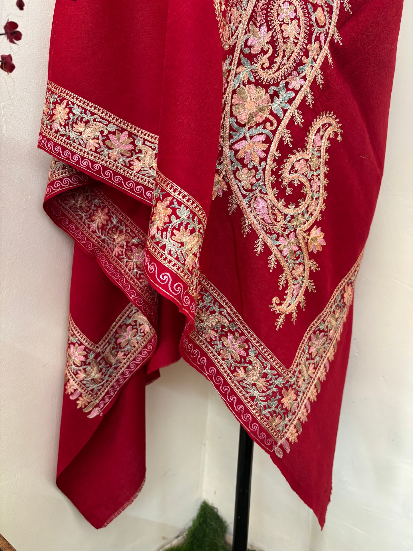 Red Silk Thread Ambi Aangan Embroidered Fine Semi Pashmina stole