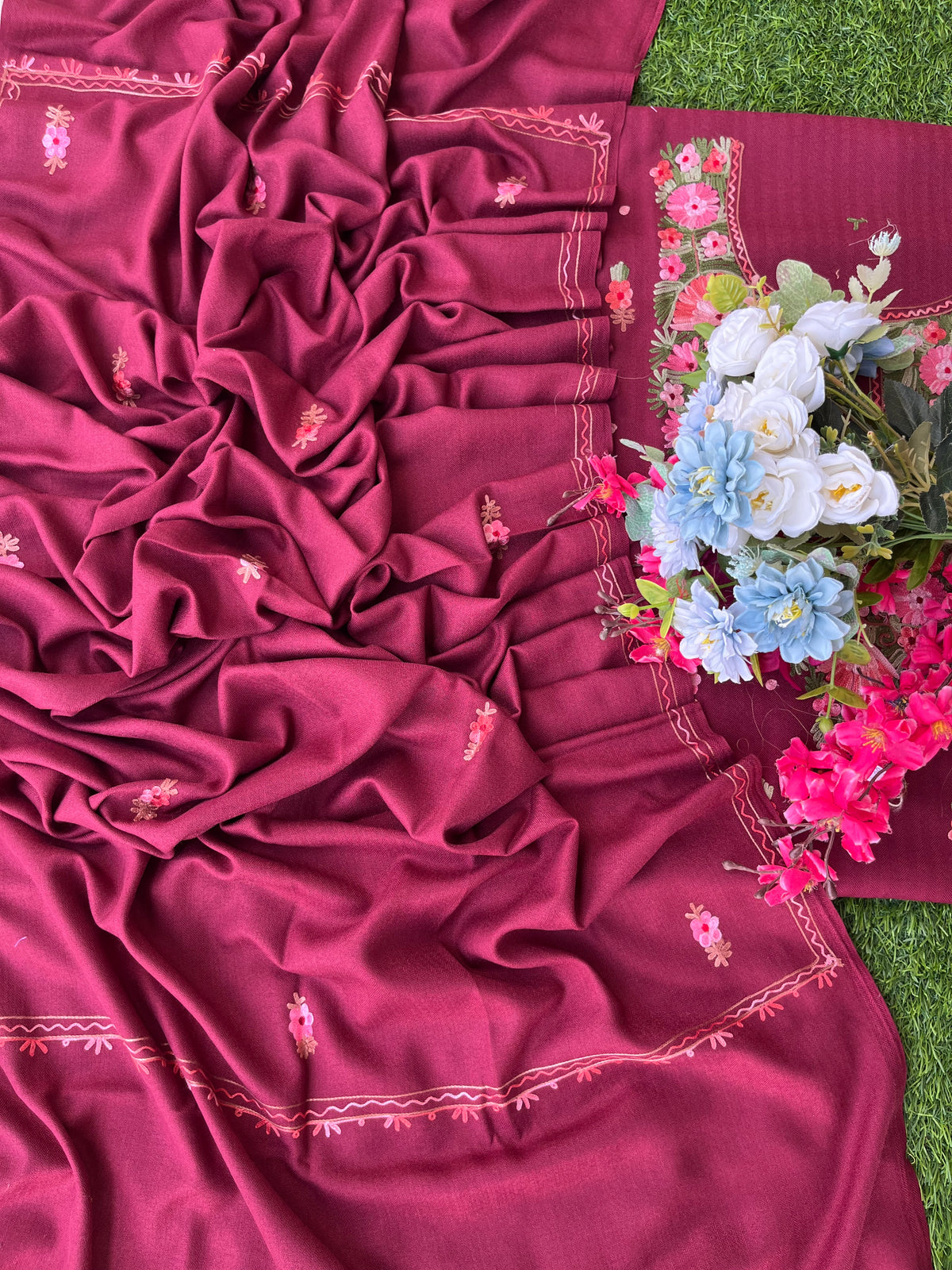Maroon Woollen Aari Embroidered 3pc suit