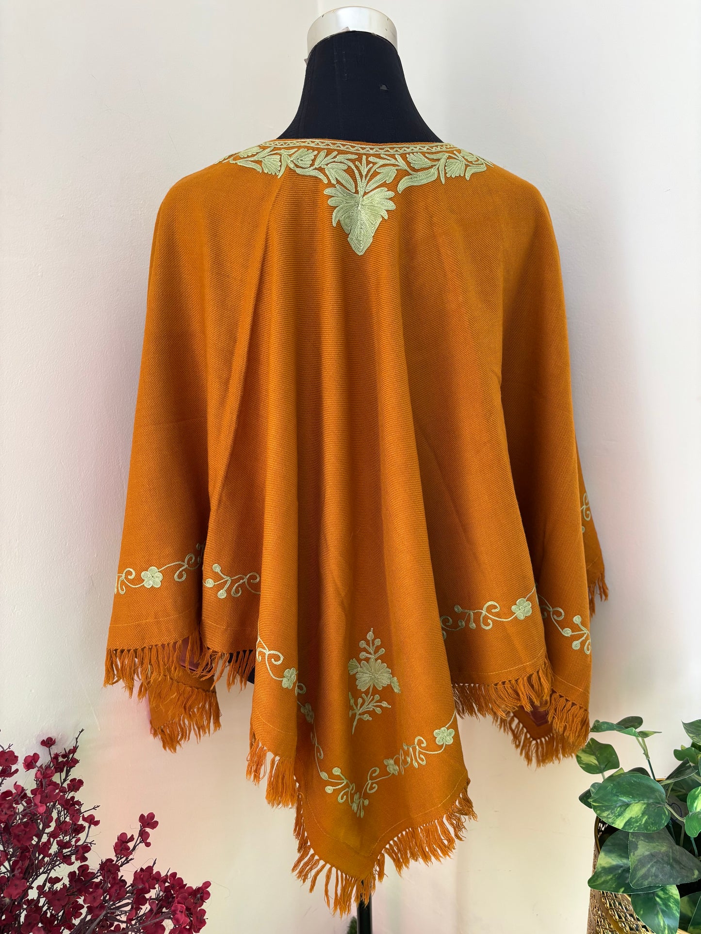 Mustard Orange Aari Embroidered Wool Poncho