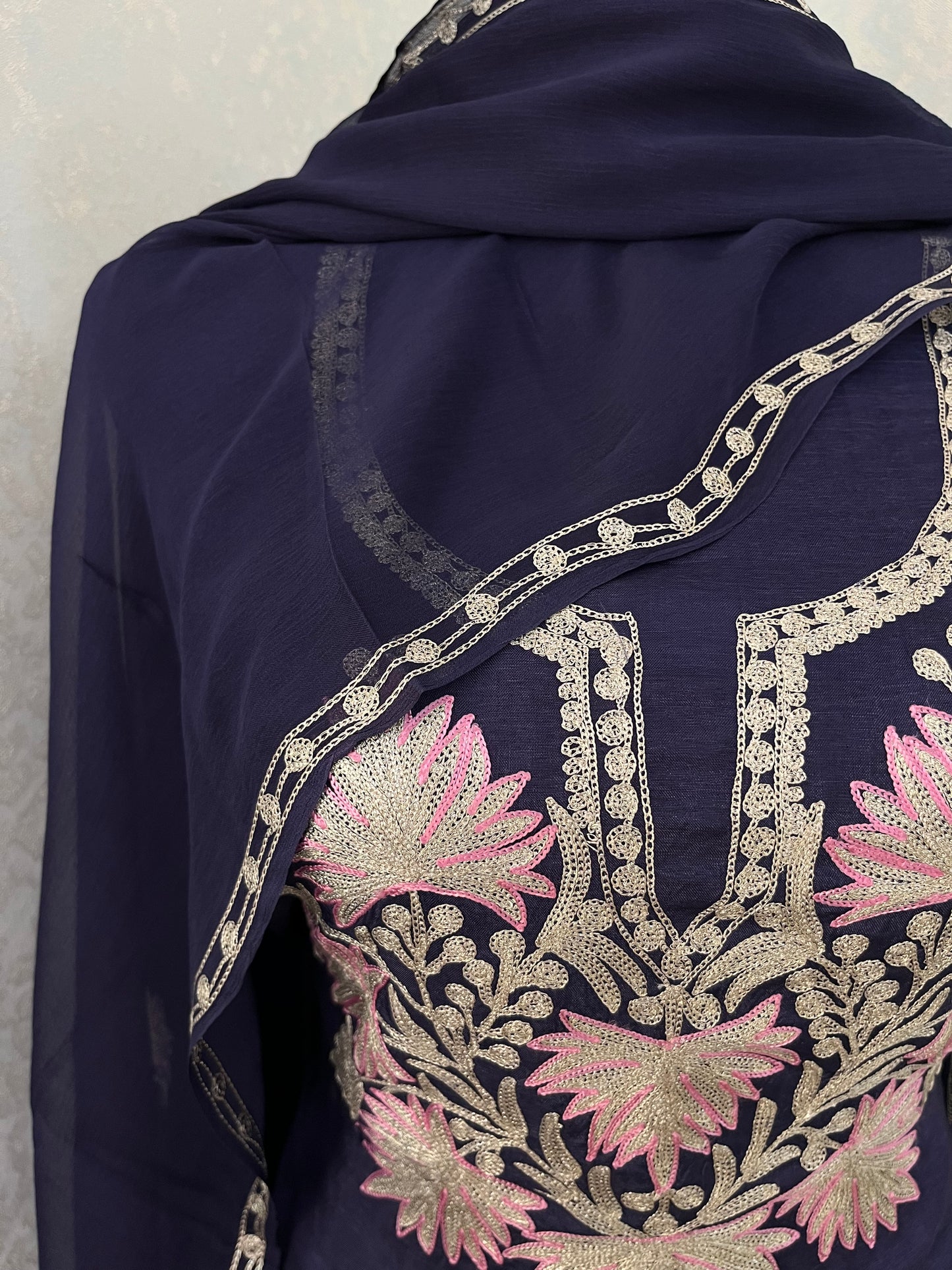 Navy Blue Silk Tilla Kashmiri Suit