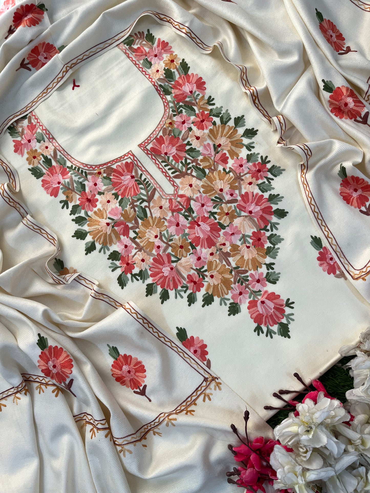 Off White Woollen Aari Embroidered 3pc suit
