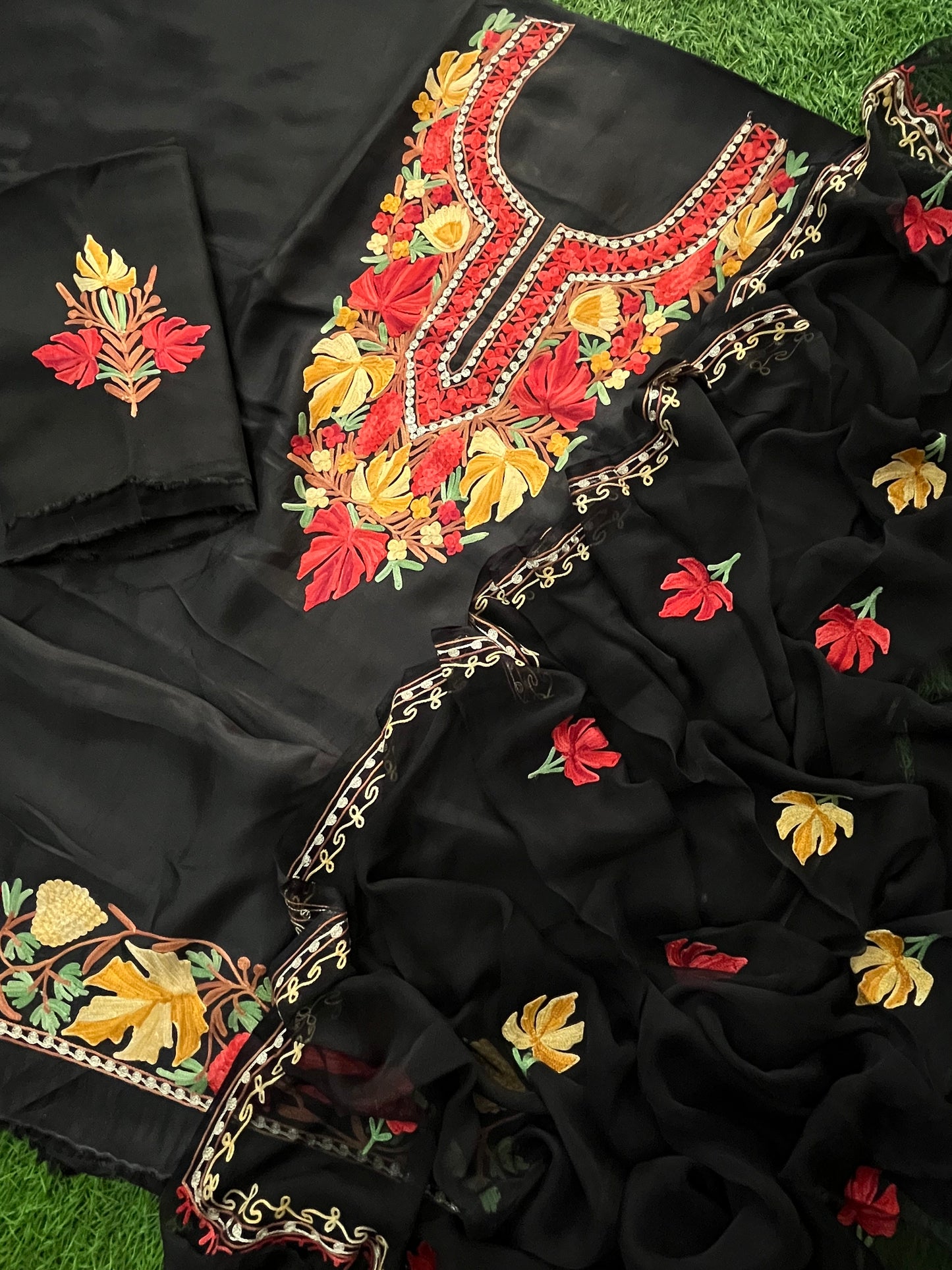 Black Opada Silk Aari Embroidered Suit material