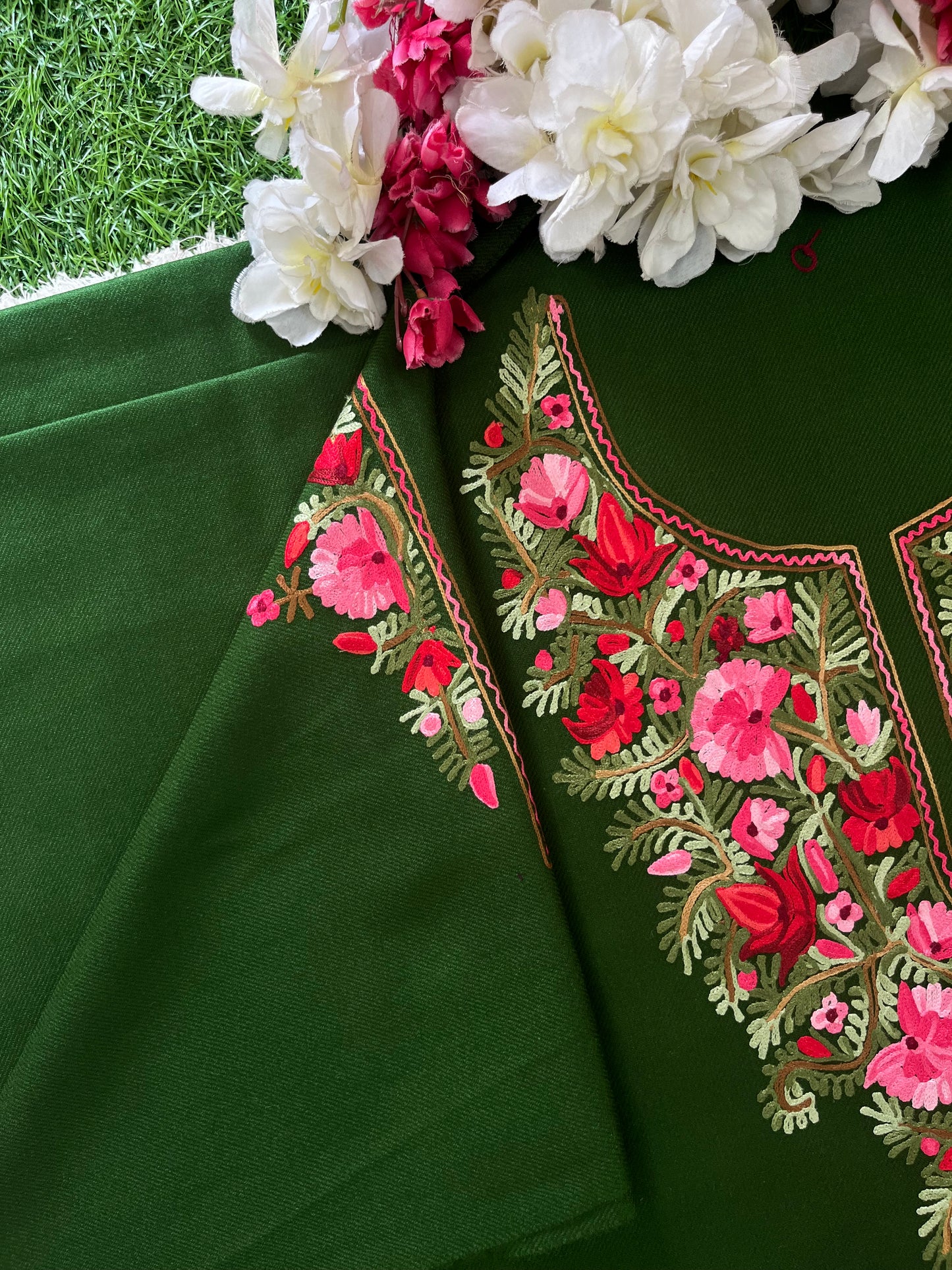 Henna Green Woollen Aari Embroidered 2pc suit 5mtr