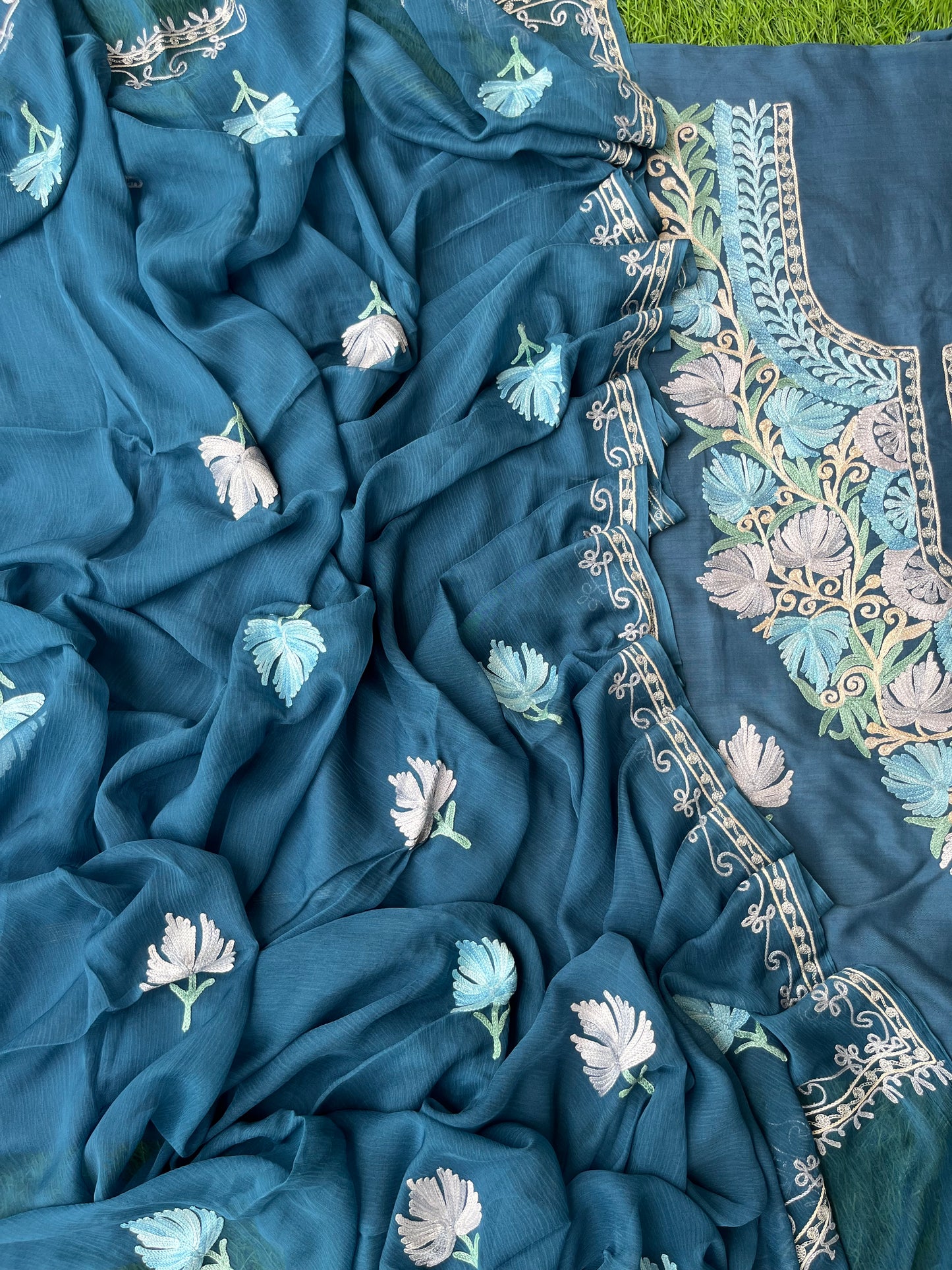 Teal Blue Cotton Aari Embroidered 3pc set