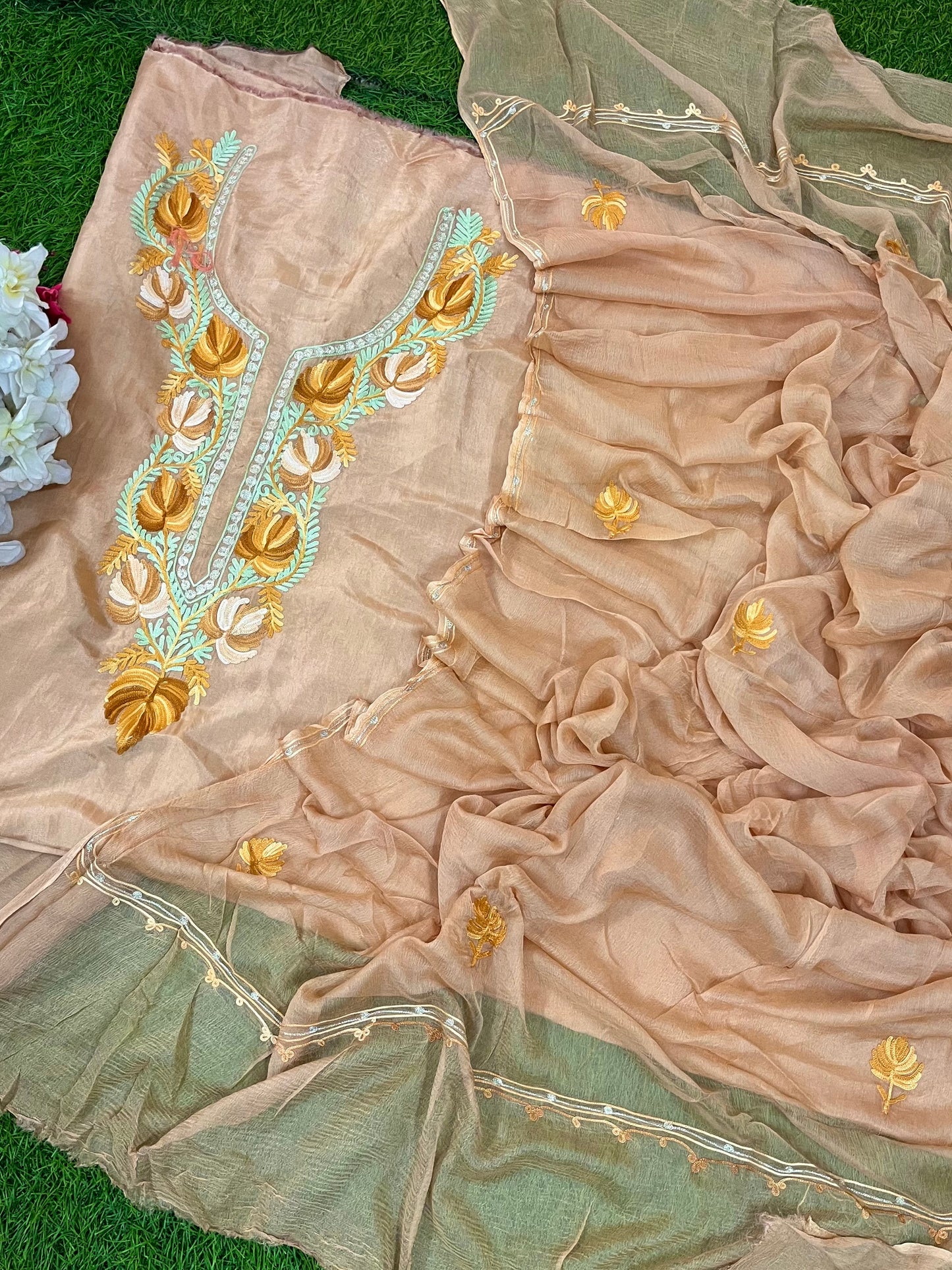 Tea Brown  Opada Silk Aari Embroidered Suit material