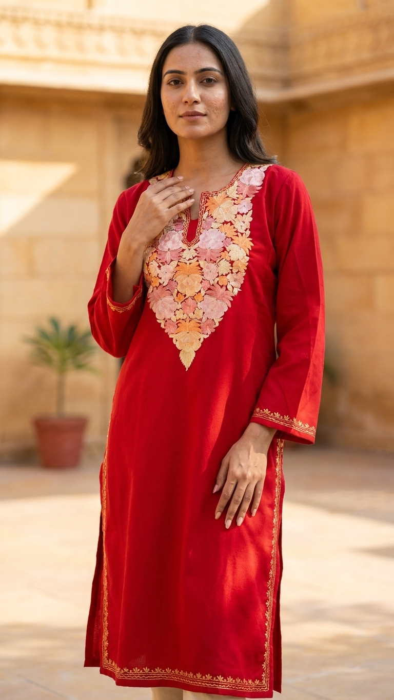 Red Aari Embroidered Wool Pheran