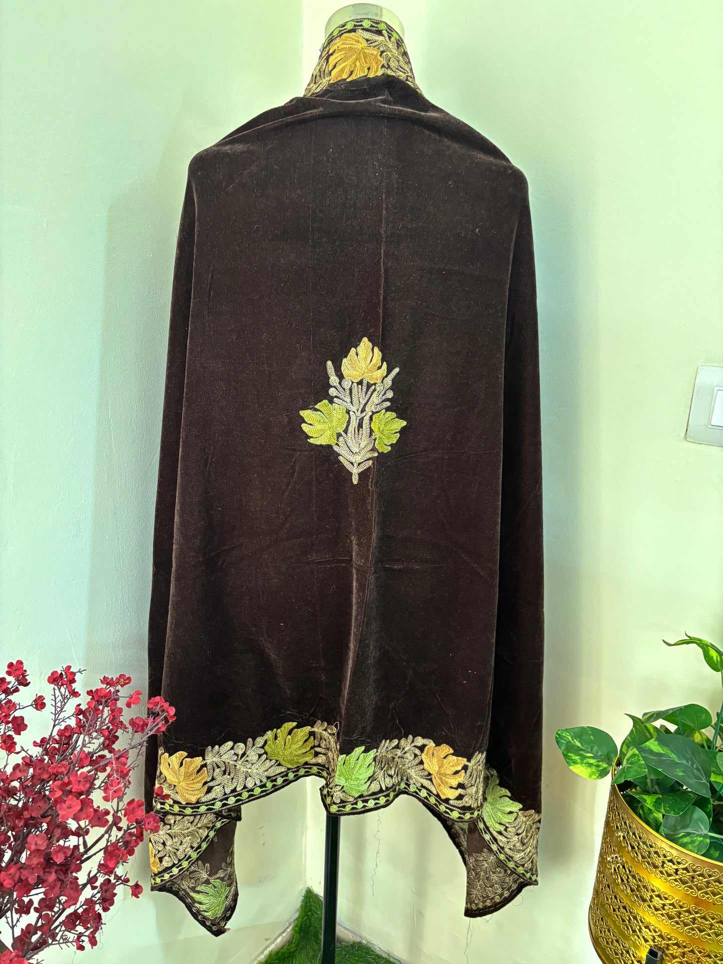 Brown Aari Embroidered Velvet Cape