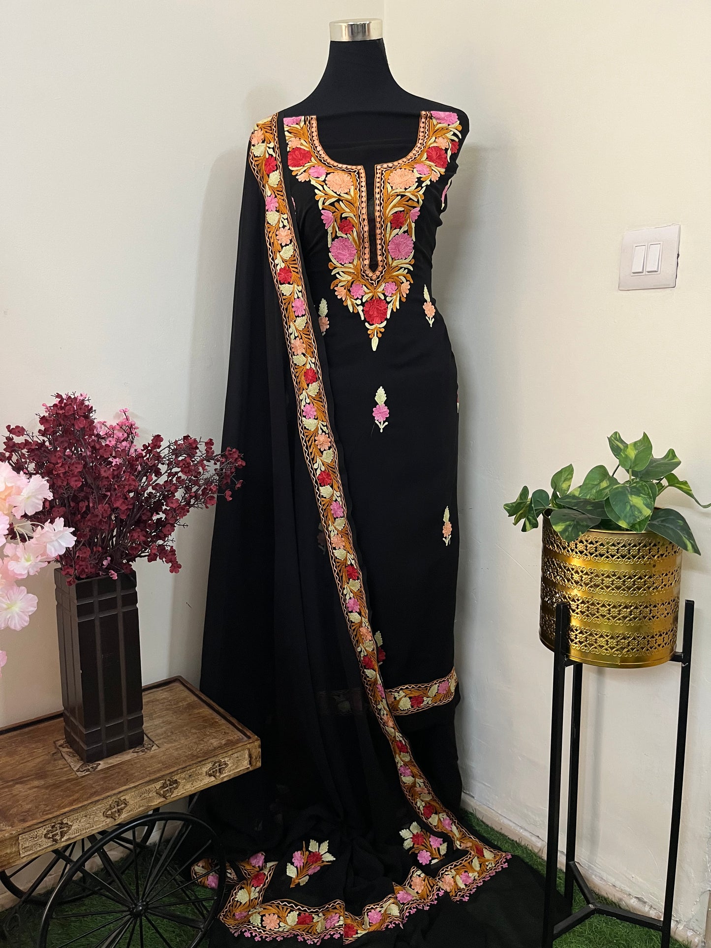 Black Georgette 3 Pc Aari Embroidered Suit Set