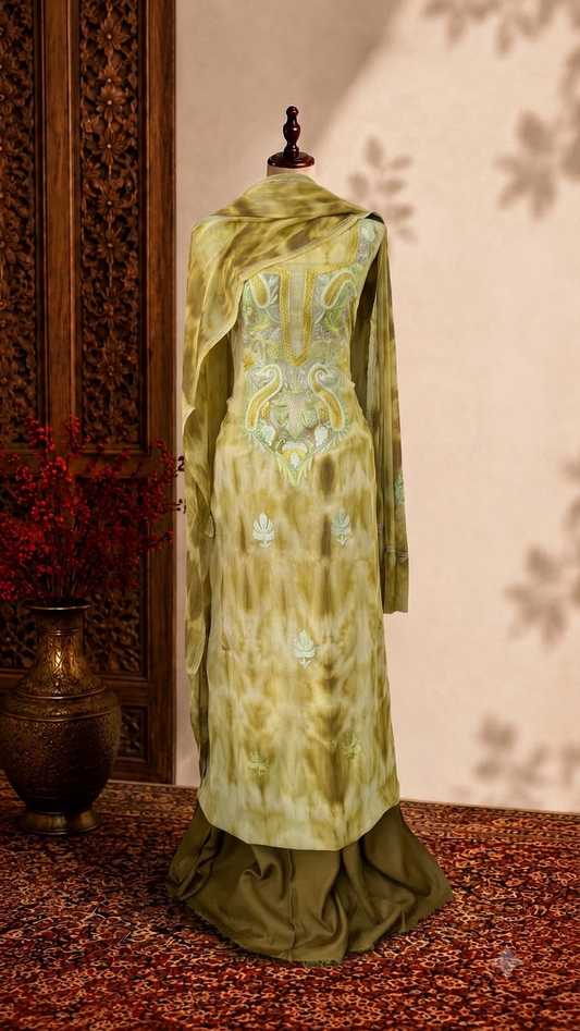 Lime Green Pure Georgette Ty Dy Kashmiri Suit