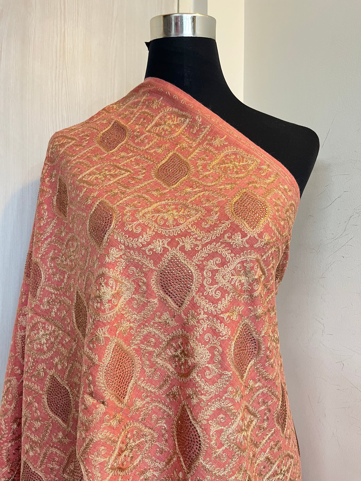 Pink Semi Pashmina Silk thread and Swarovski work stole