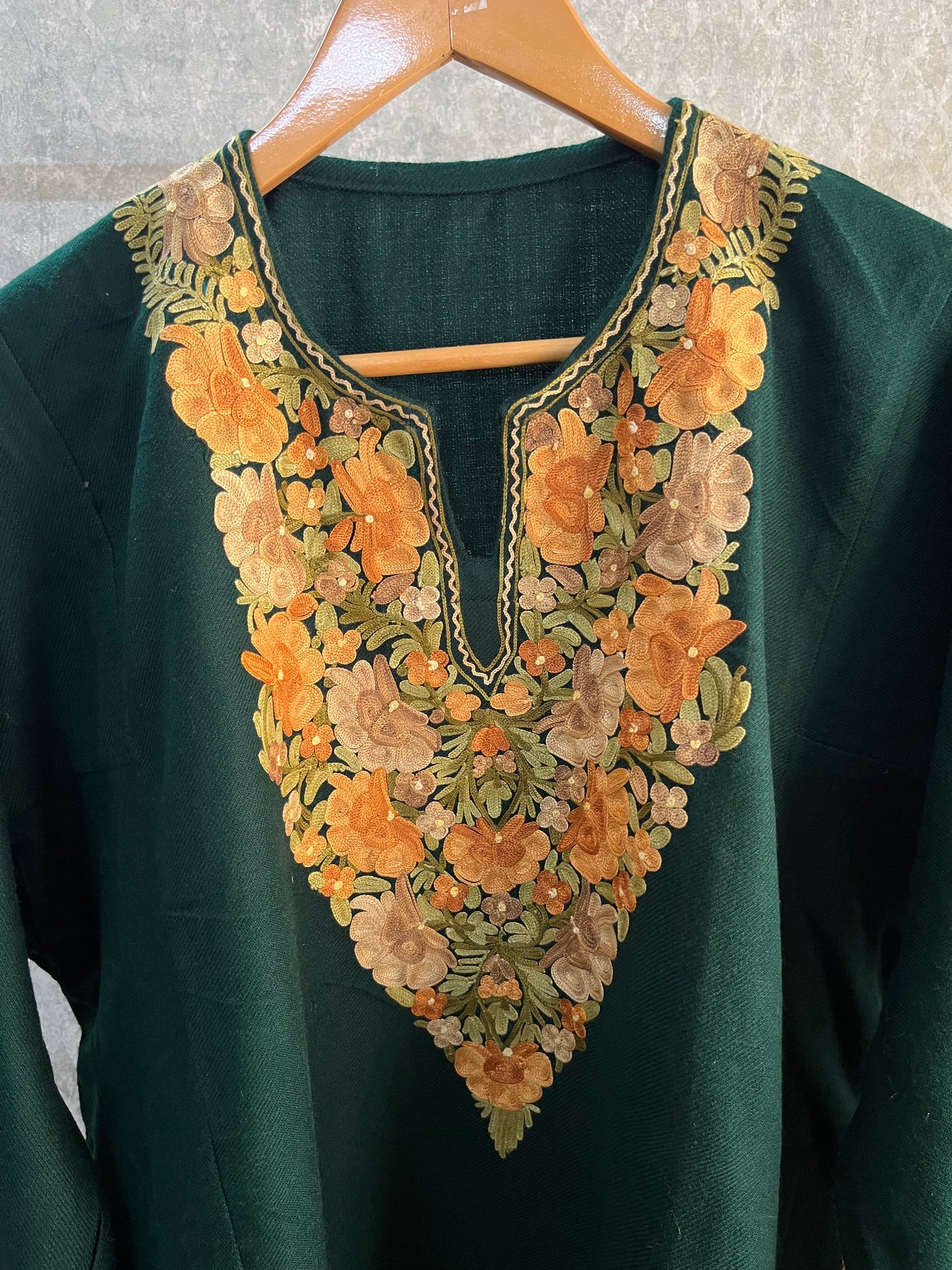Green Aari Embroidered Wool Pheran
