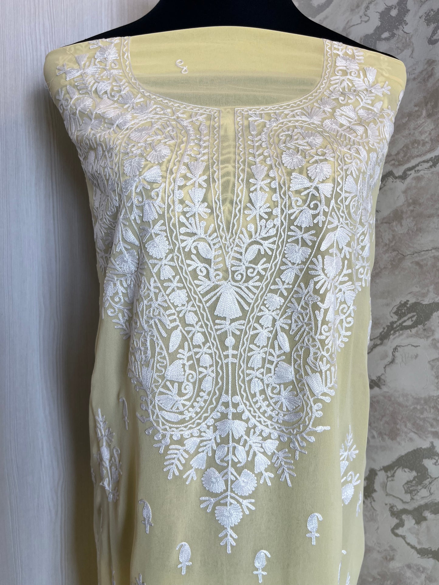 Georgette Lemon Yellow All over Work Aari Embroidered Unstitched Kurta Material