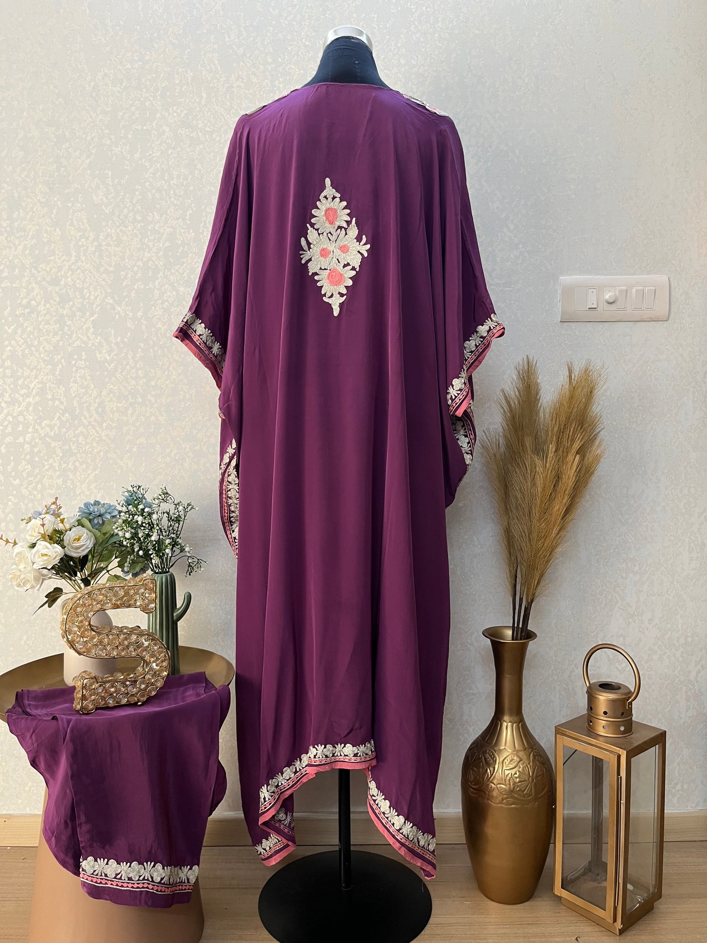 Wine Crape Kashmiri Kaftan Set size