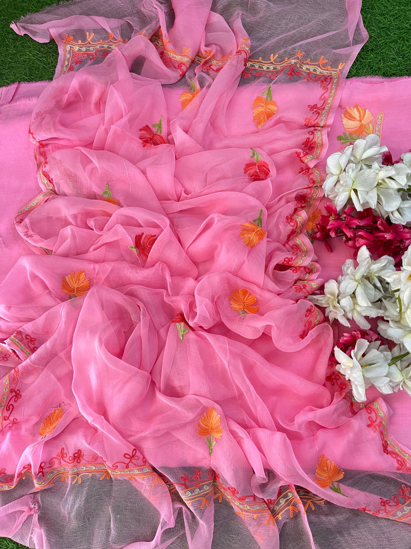 Soft Pink Muslin Cotton Jaal Sleeves Kashmiri 3pc Suit