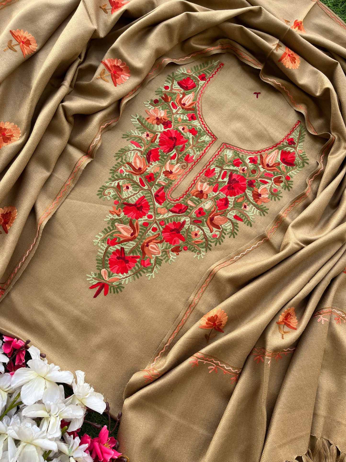 Beige Woollen Aari Embroidered 3pc suit