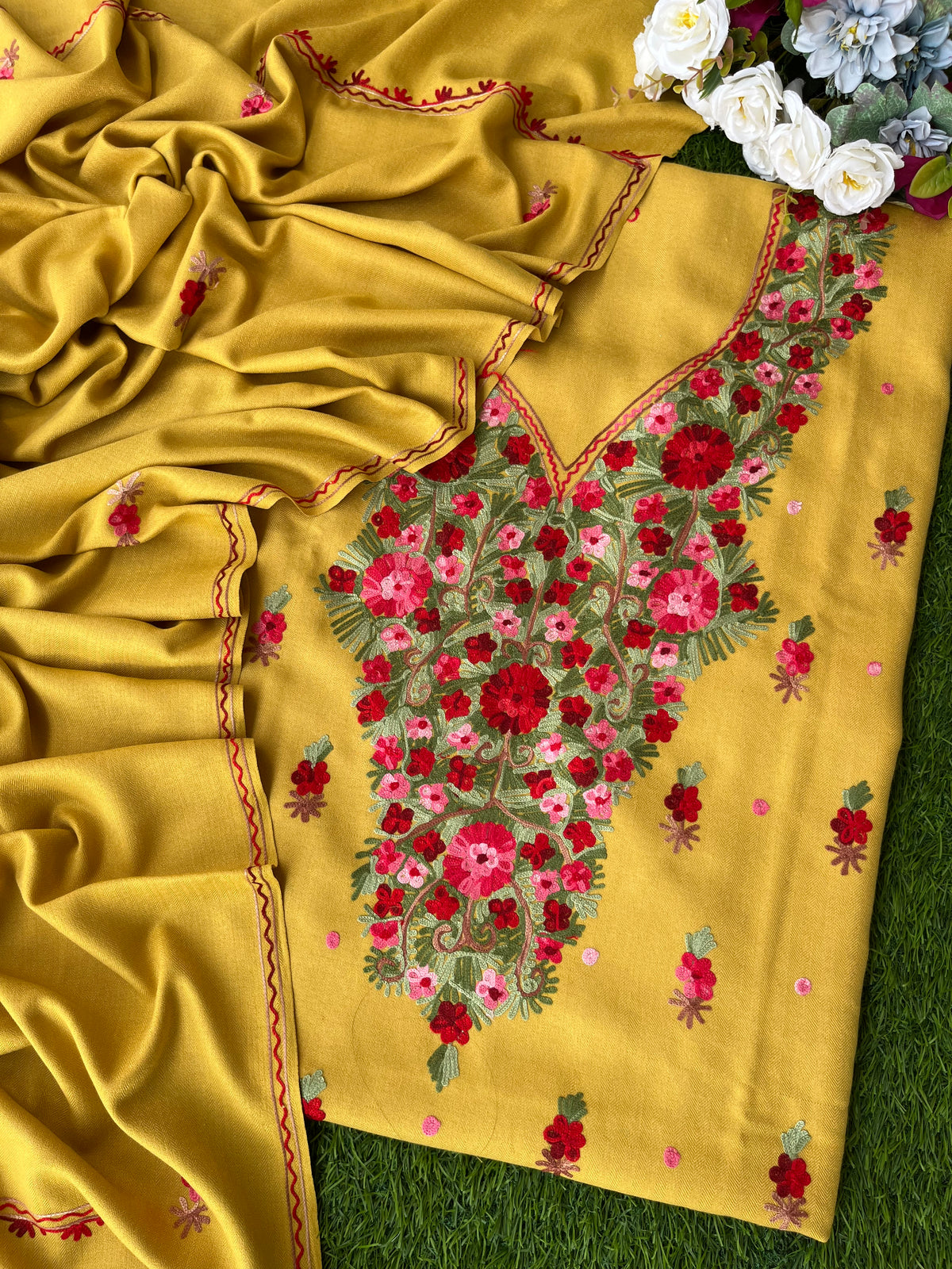 Yellow Woollen Aari Embroidered 3pc suit