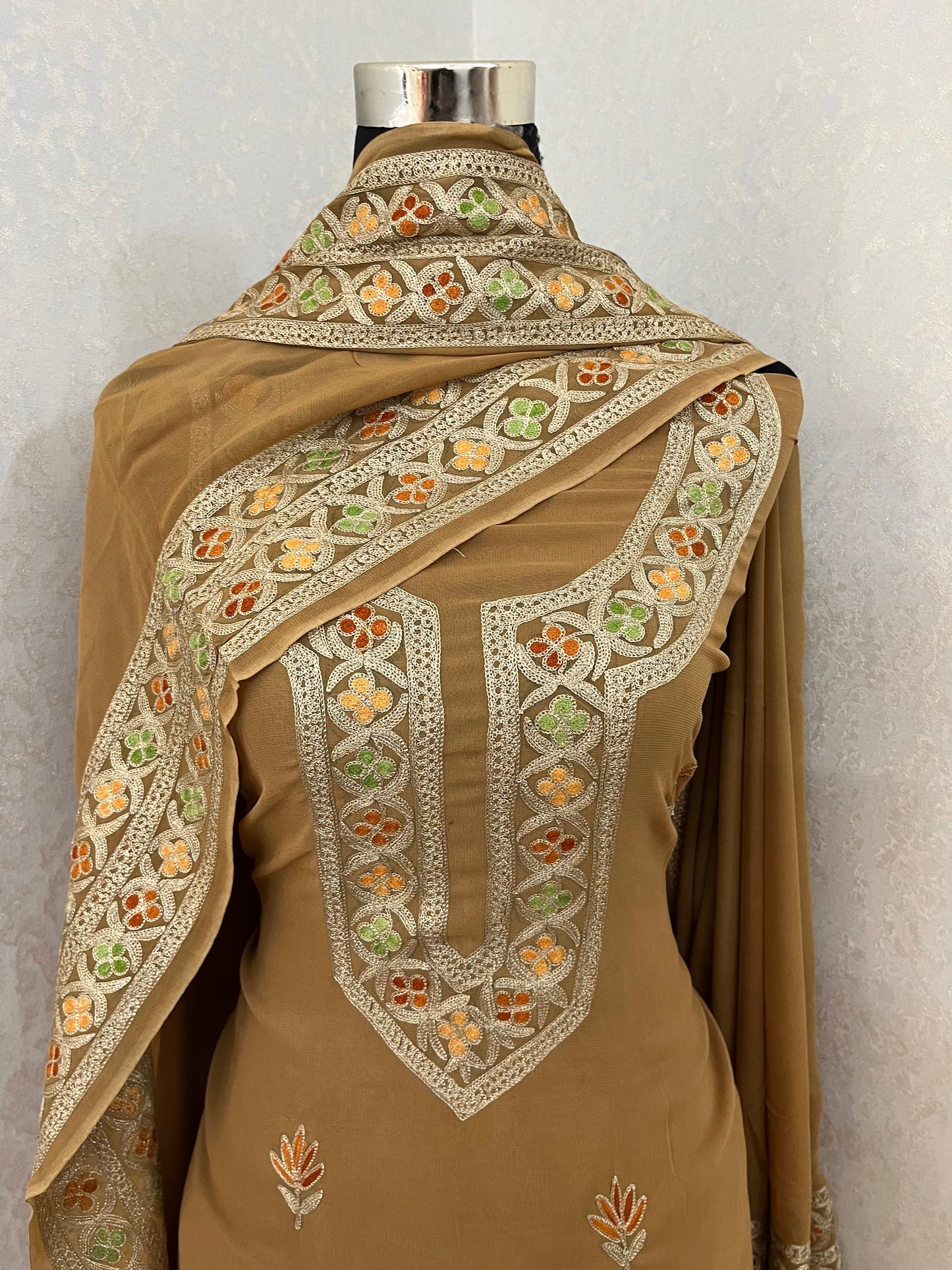 Golden Pure Georgette 3Pc Kashmiri Embroidered Suit