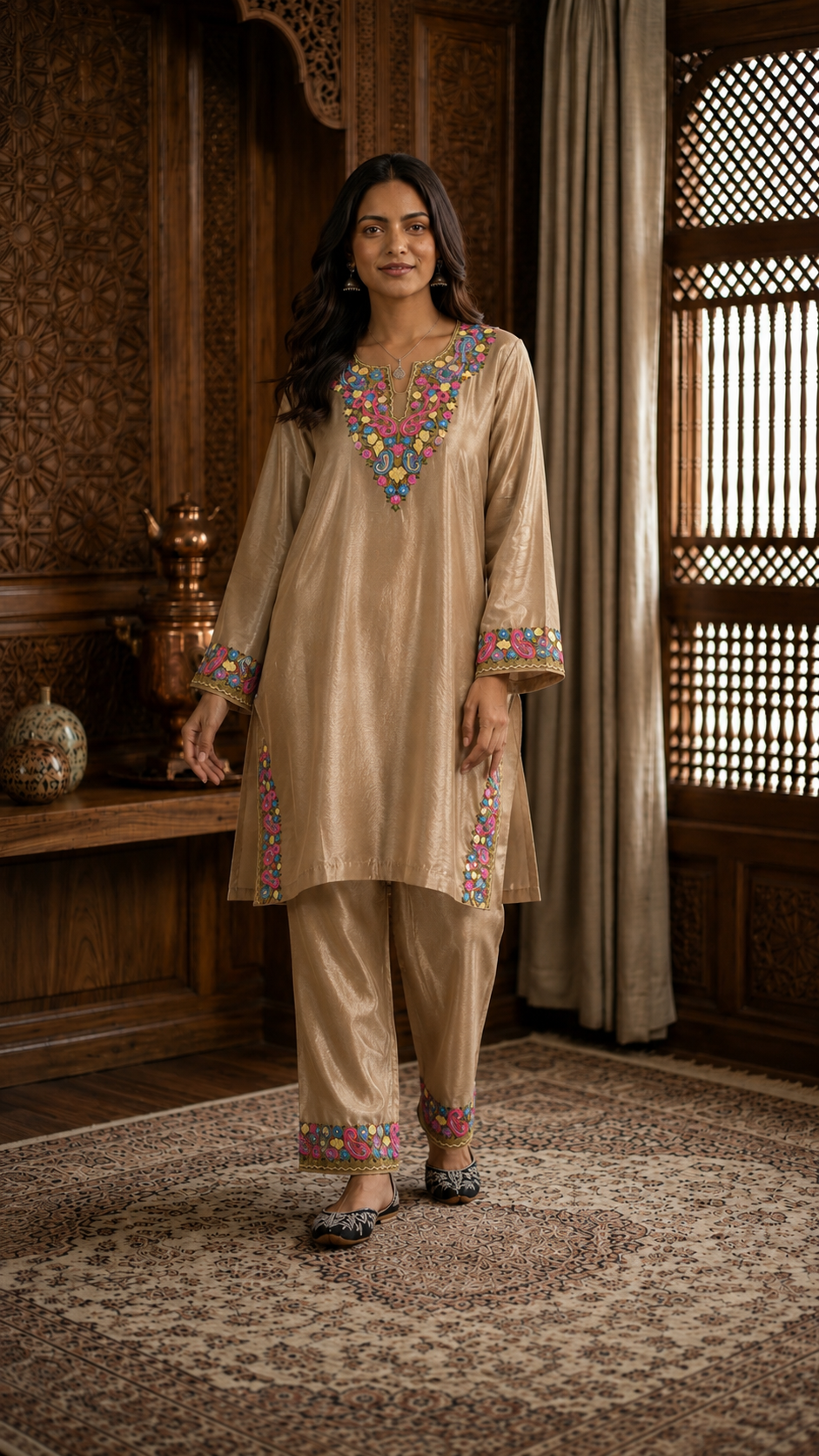 Beige Shimmer Silk Stitched Co-ord Set (42)