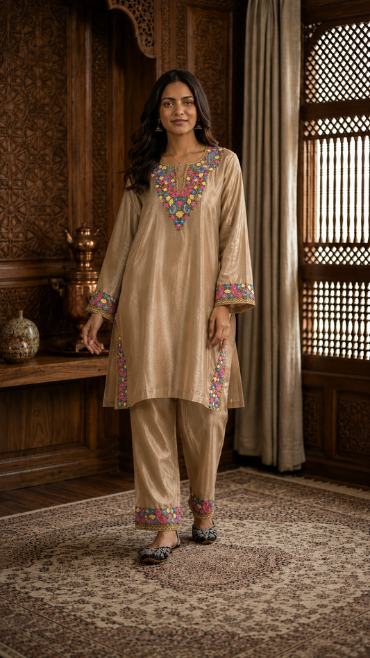 Beige Shimmer Silk Stitched Co-ord Set (42)