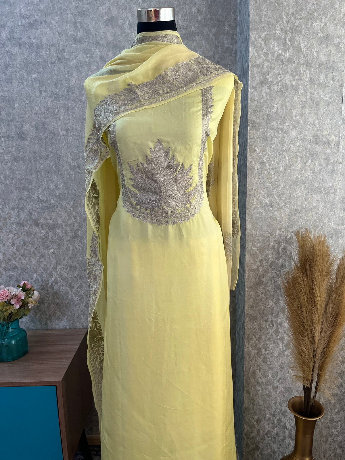 Lemon Yellow Sanam’ Tilla Kashmiri Silk Suit