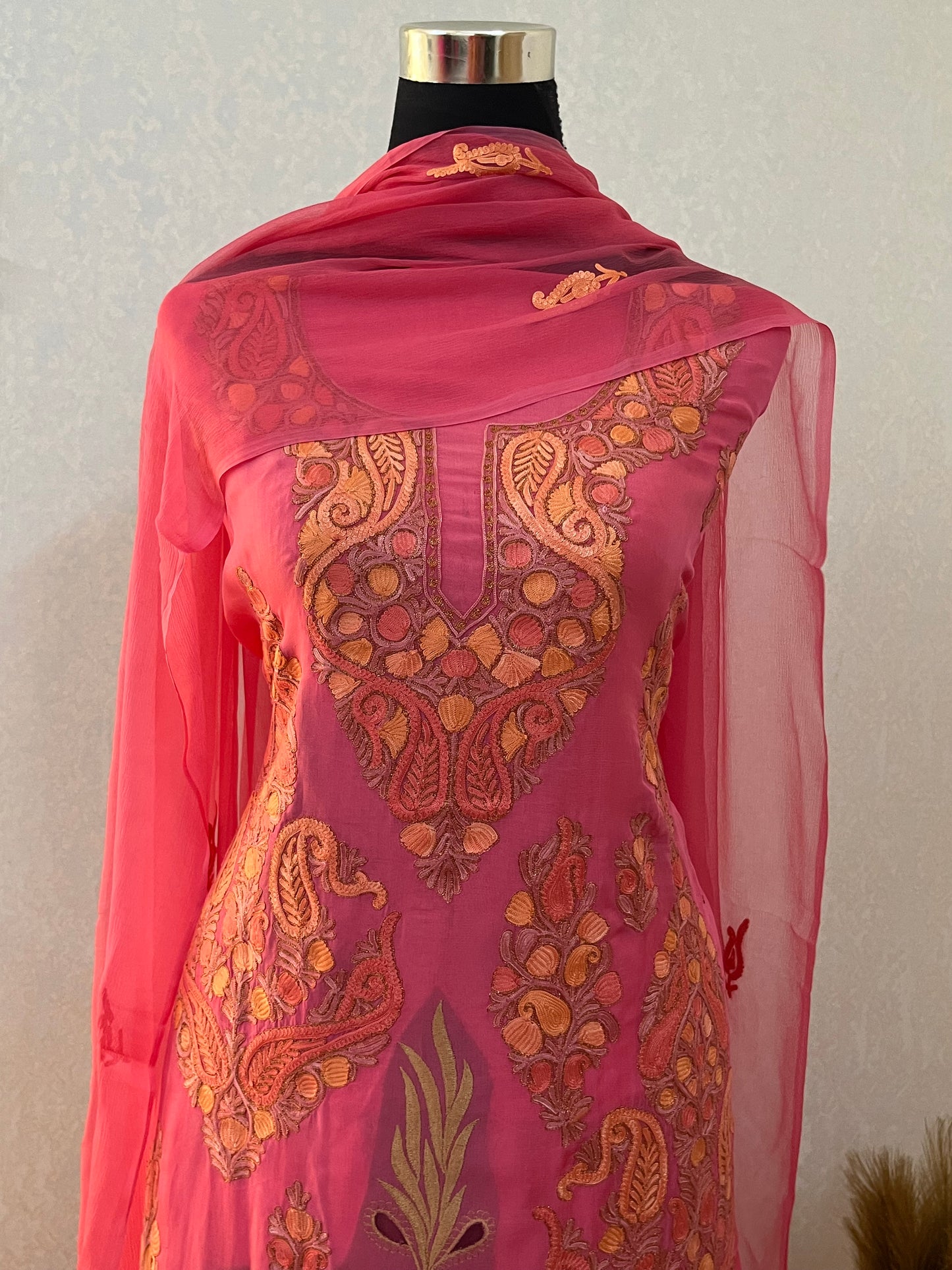 Pink Pure Organza Cut Work Kashmiri Suit