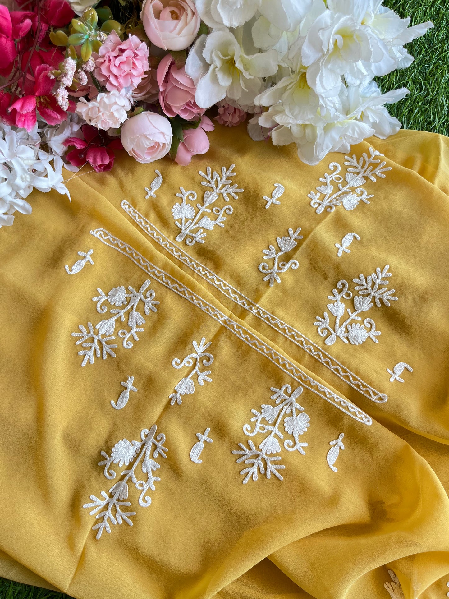 Georgette Yellow All over Work Aari Embroidered Unstitched Kurta Material