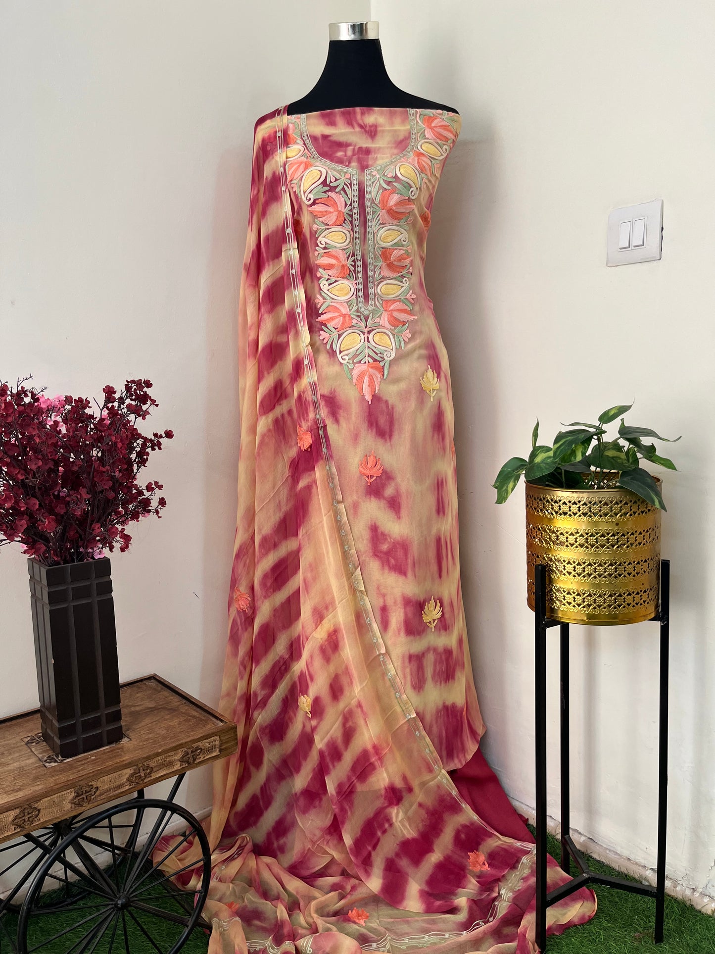Yellow Pink Pure Georgette Ty Dy Kashmiri Suit