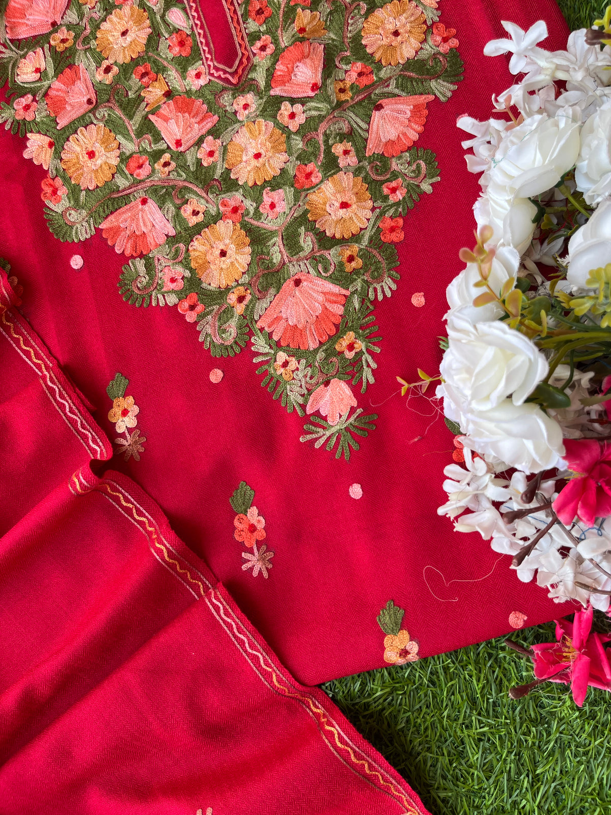 Red Woollen Aari Embroidered 3pc suit