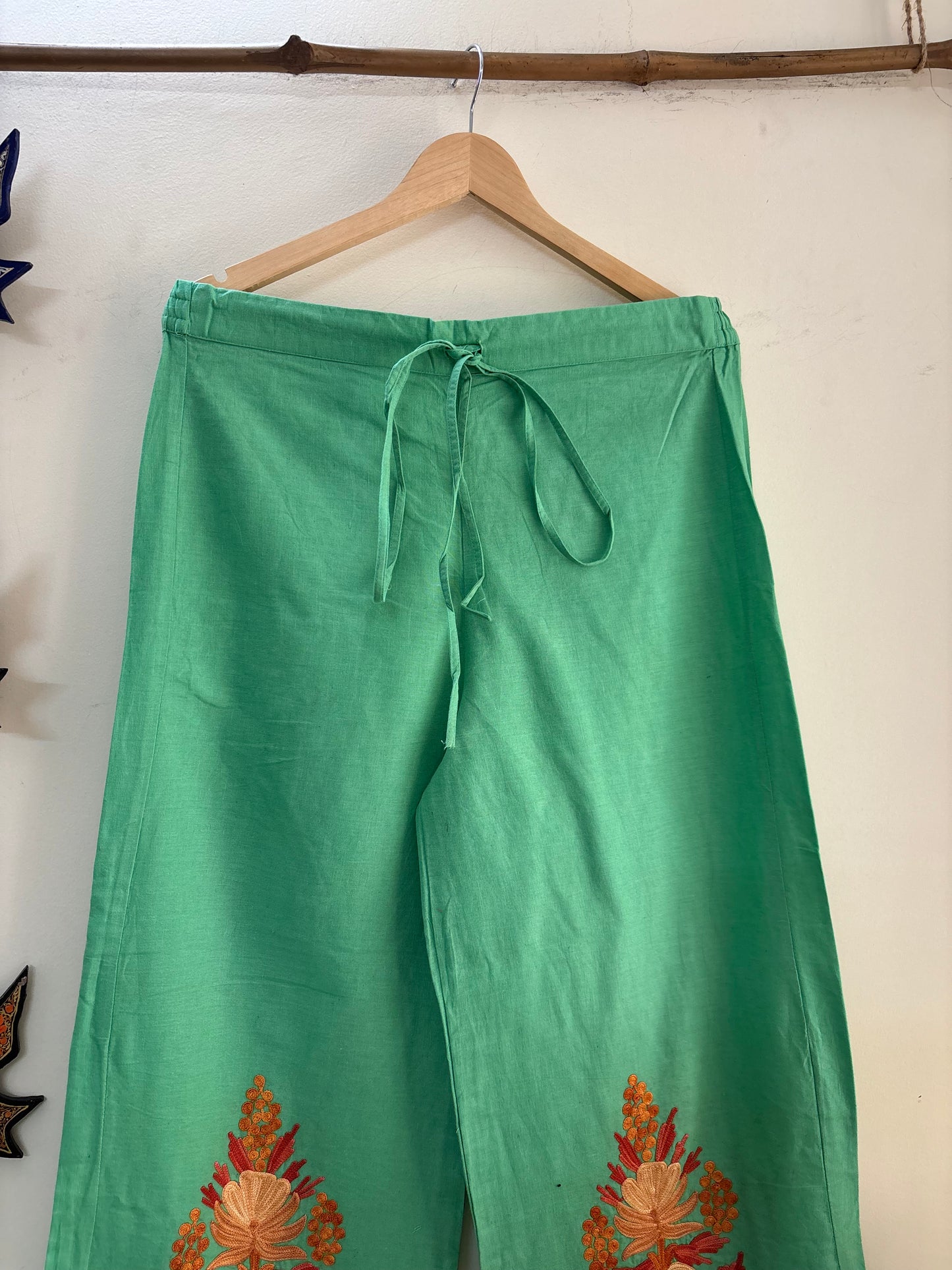 Women Green Solid Cropped Wide Leg Aari Embroidered Palazzos ‘L’