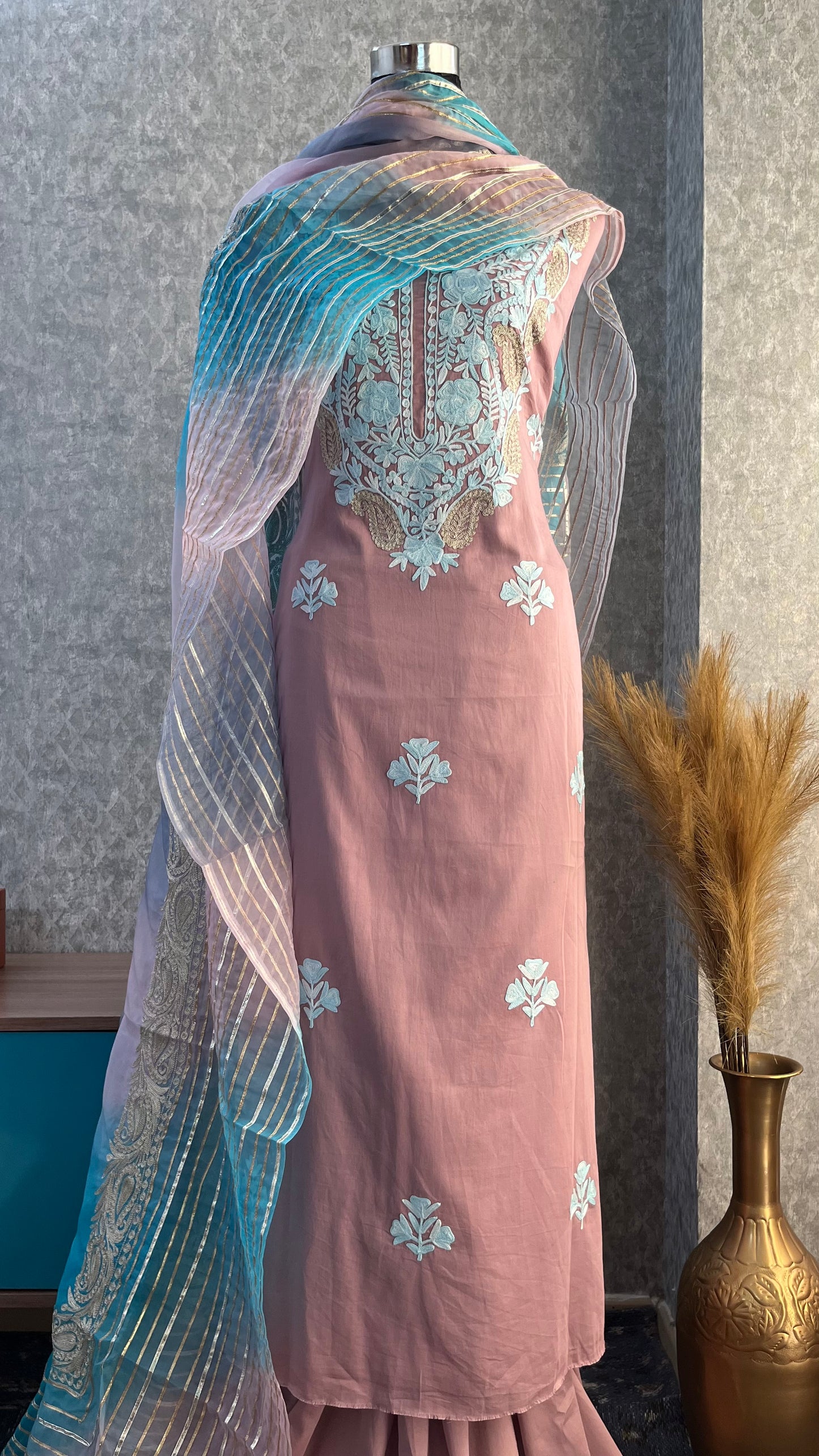 Onion Pink Satin Cotton Kashmiri Suit