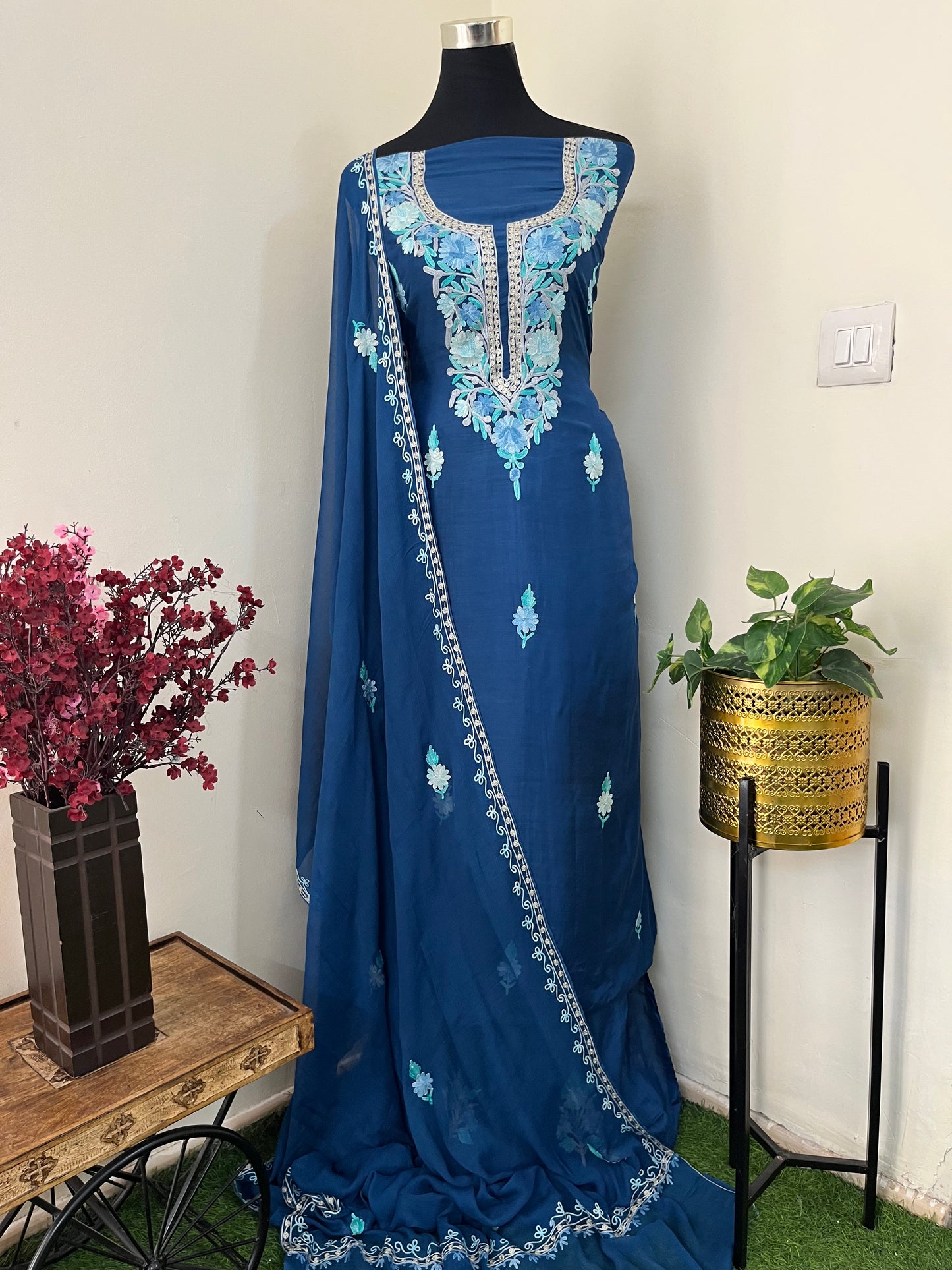 Blue  Muslin Cotton Jaal Sleeves Kashmiri 3pc Suit