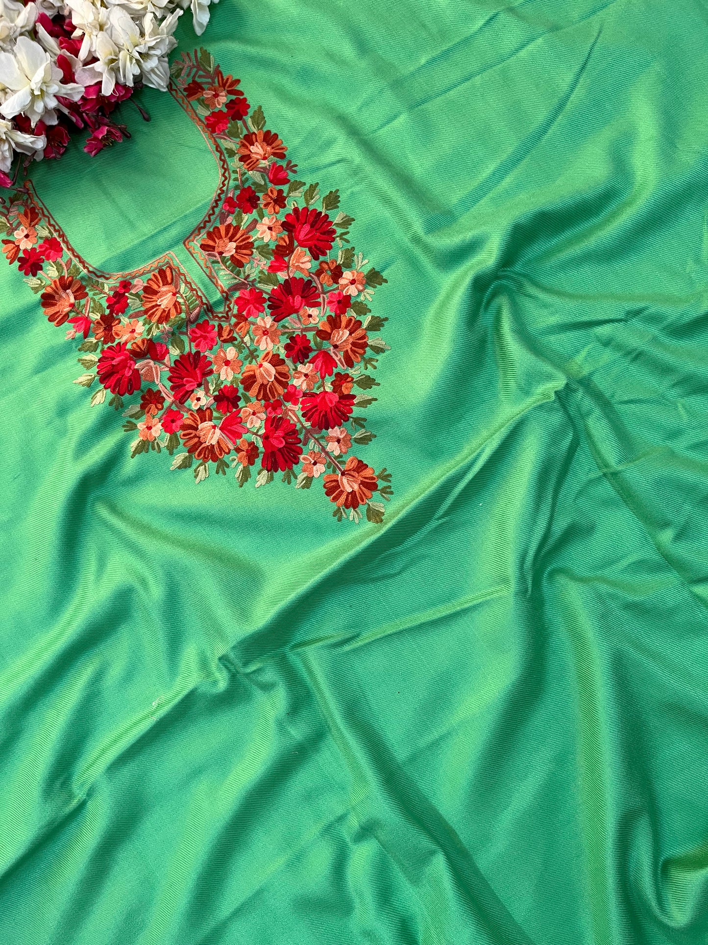 Soft Green Woollen Aari Embroidered 2pc suit 5mtr