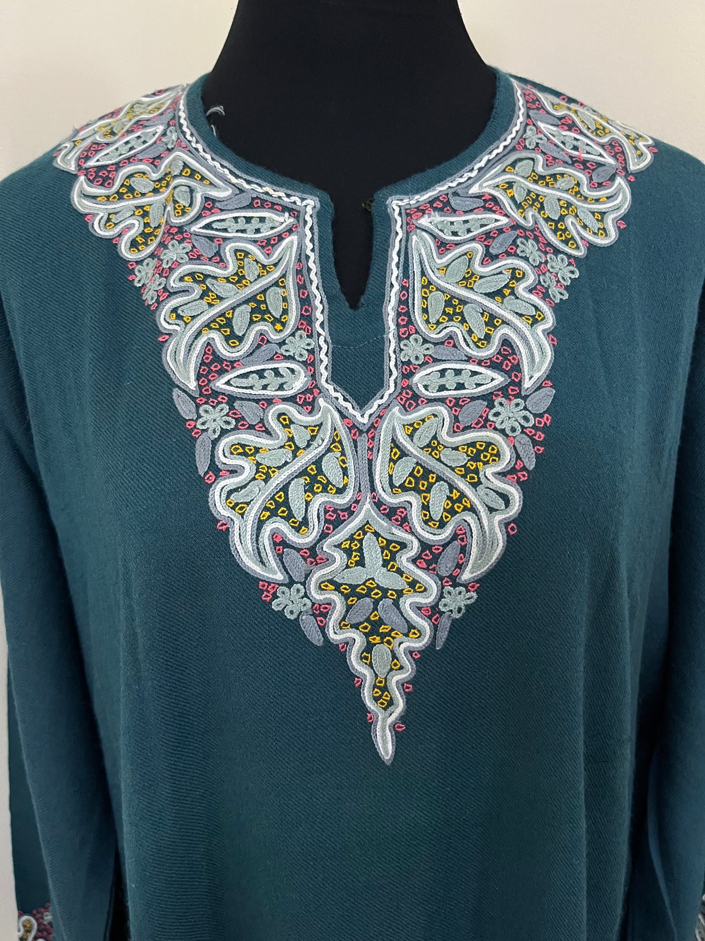 English Blue Aari and Sozni Hand Embroidered Pure Wool Pheran