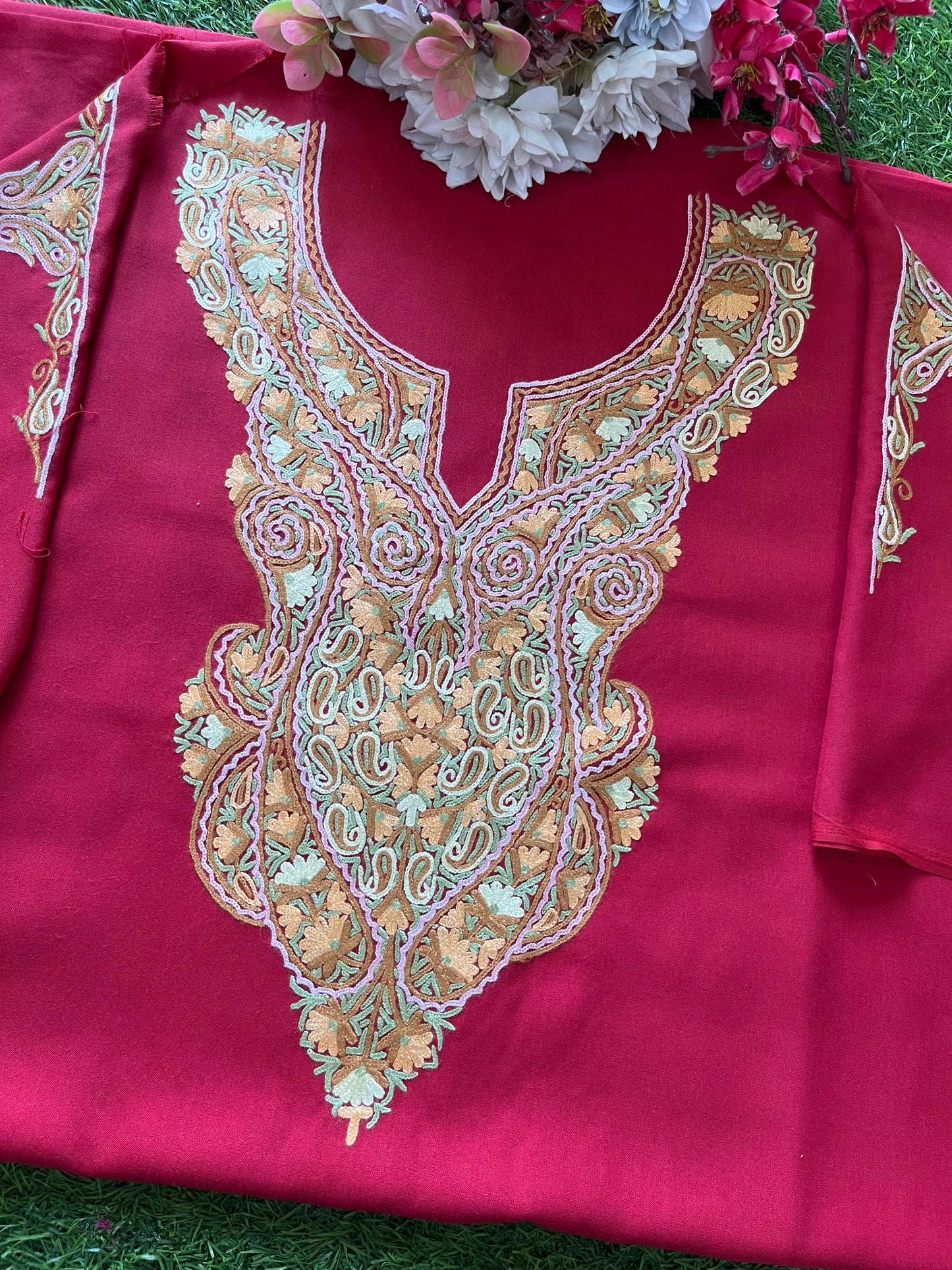 Red Cotton Two Piece Suit (Hand Embroidered)