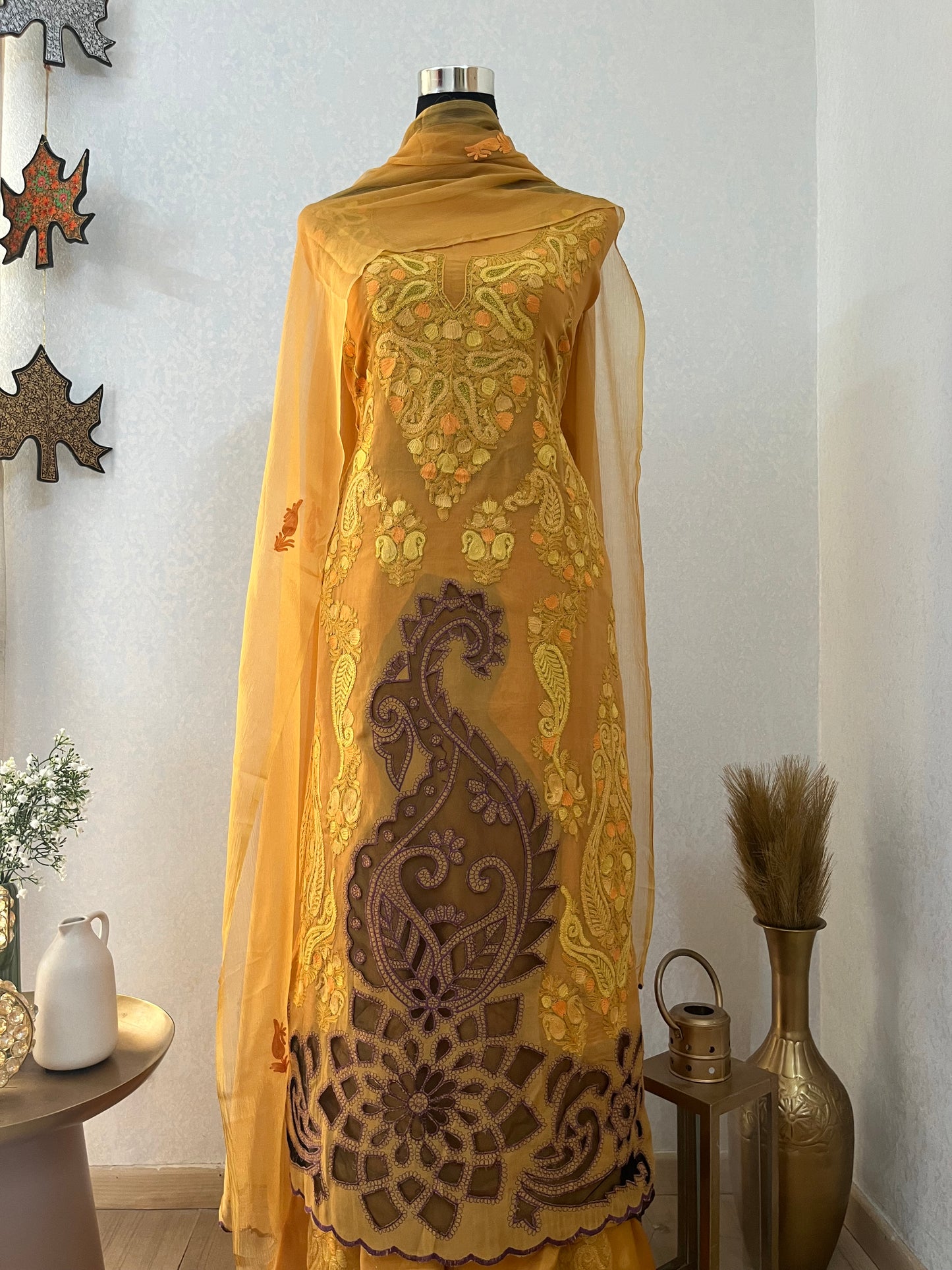Mustard Yellow Pure Organza Cut Work Kashmiri Suit