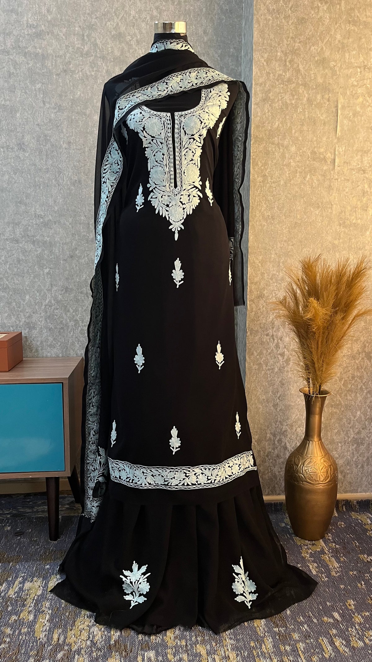 Georgette Black 3 Pc Kashmiri Suit