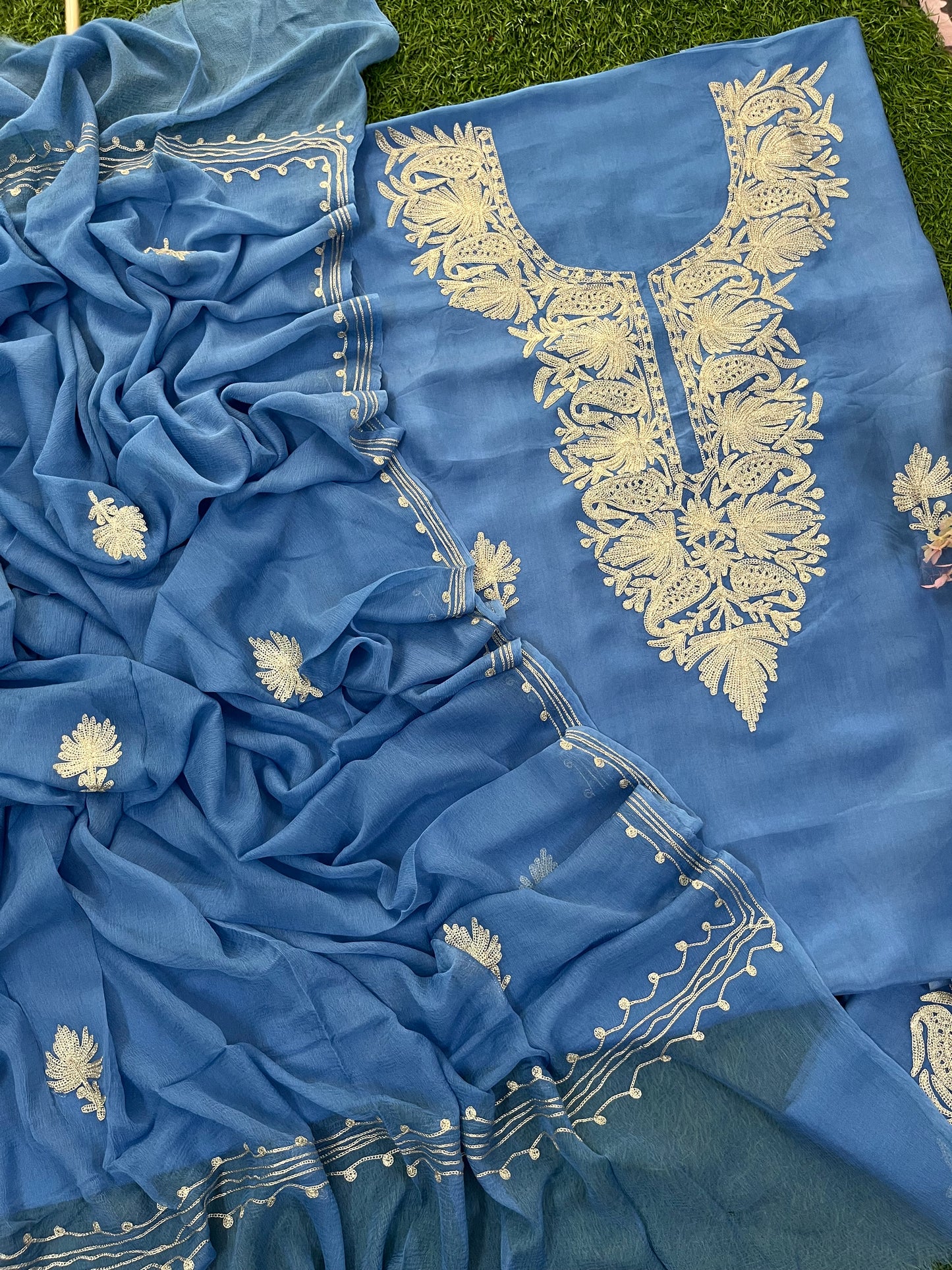 Blue Silk Tilla Kashmiri Suit