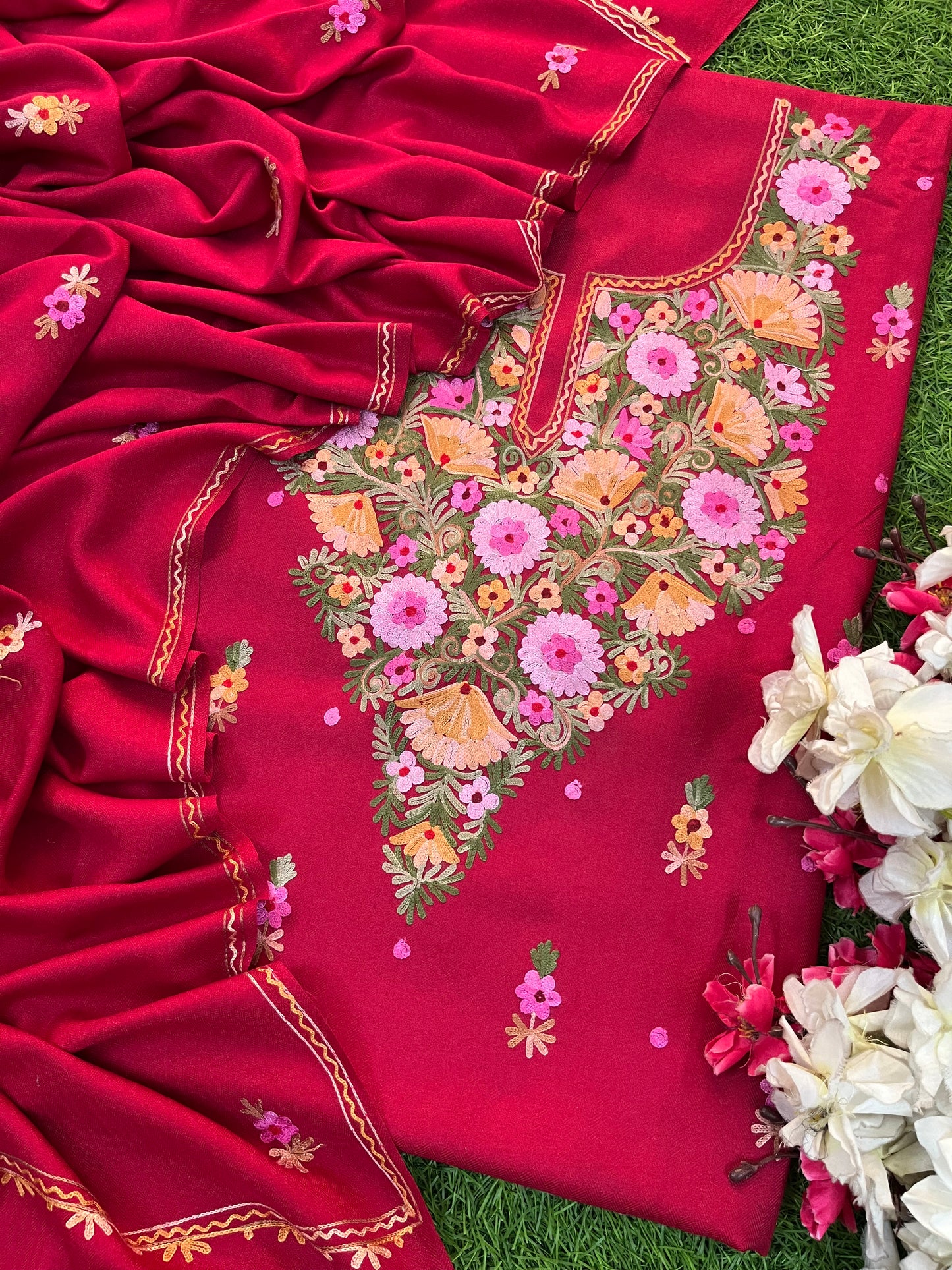 Red Woollen Aari Embroidered 3pc suit