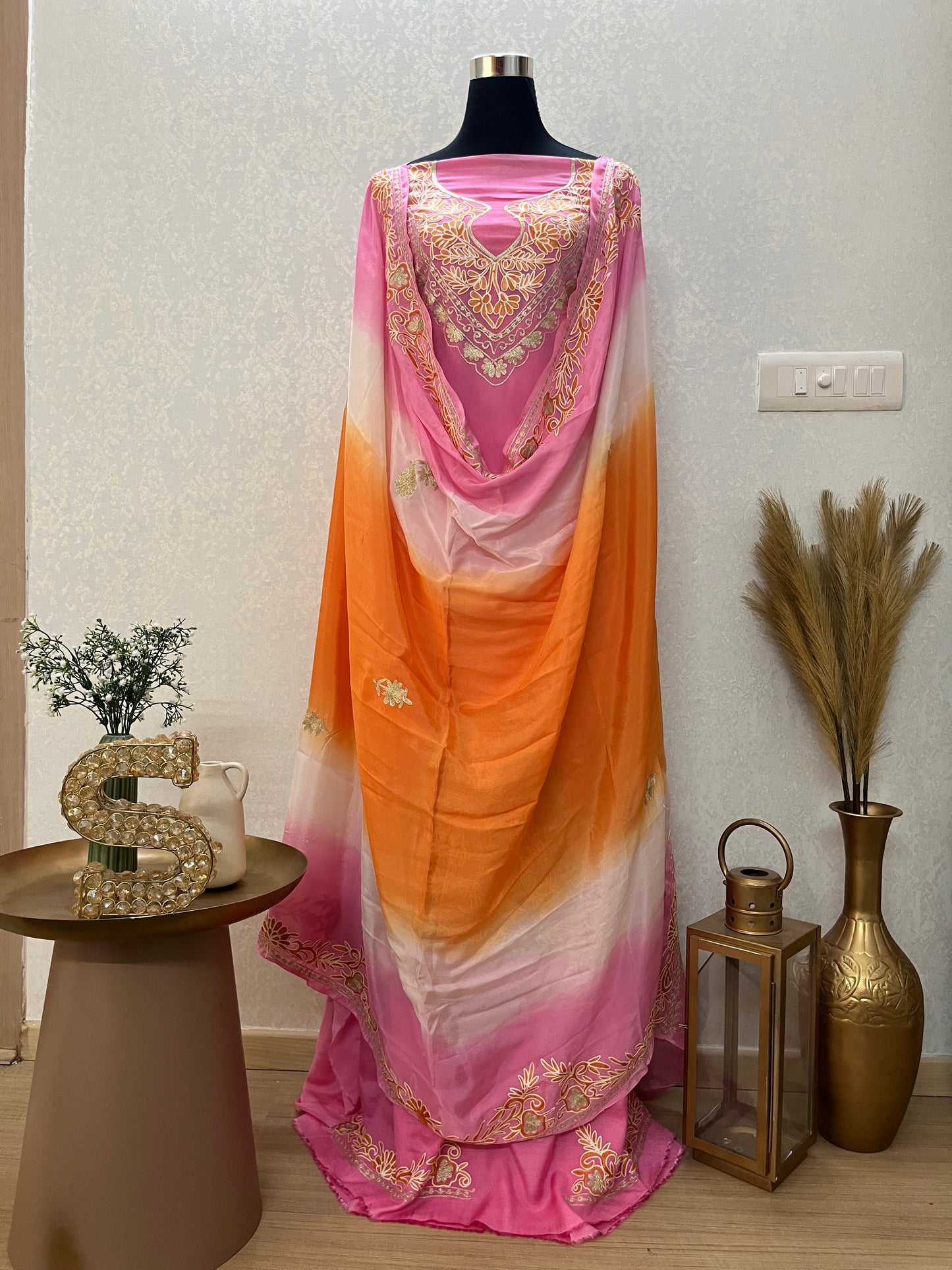 Pink Pure Chinon 3 Pc Heavy Front Back Kashmiri Suit