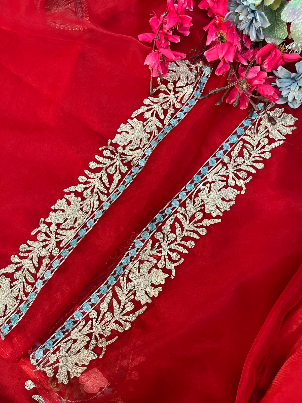 Red Soft Tissue Kashmiri Suit